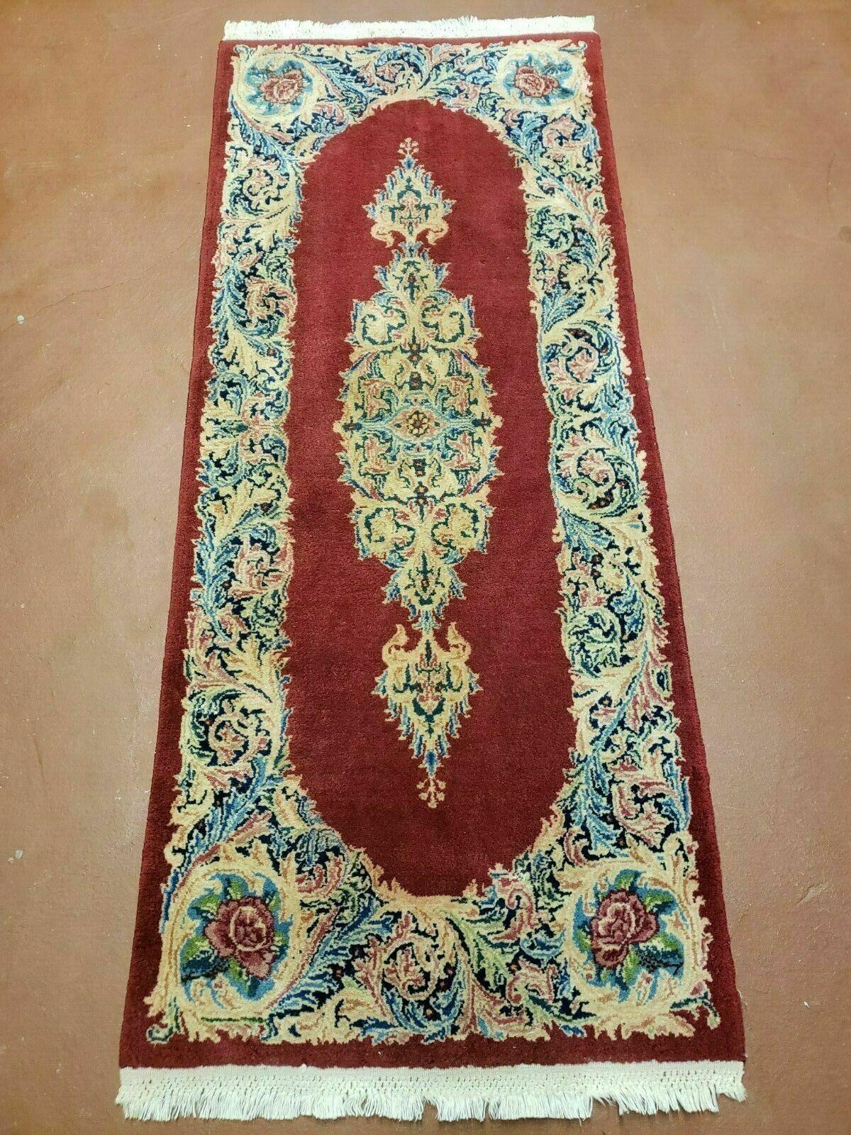 Small Persian Kirman Rug 2x4, Wool Oriental Vintage Handmade Carpet, Hand Knotted Floral Medallion, Red & Beige, Semi Open Field