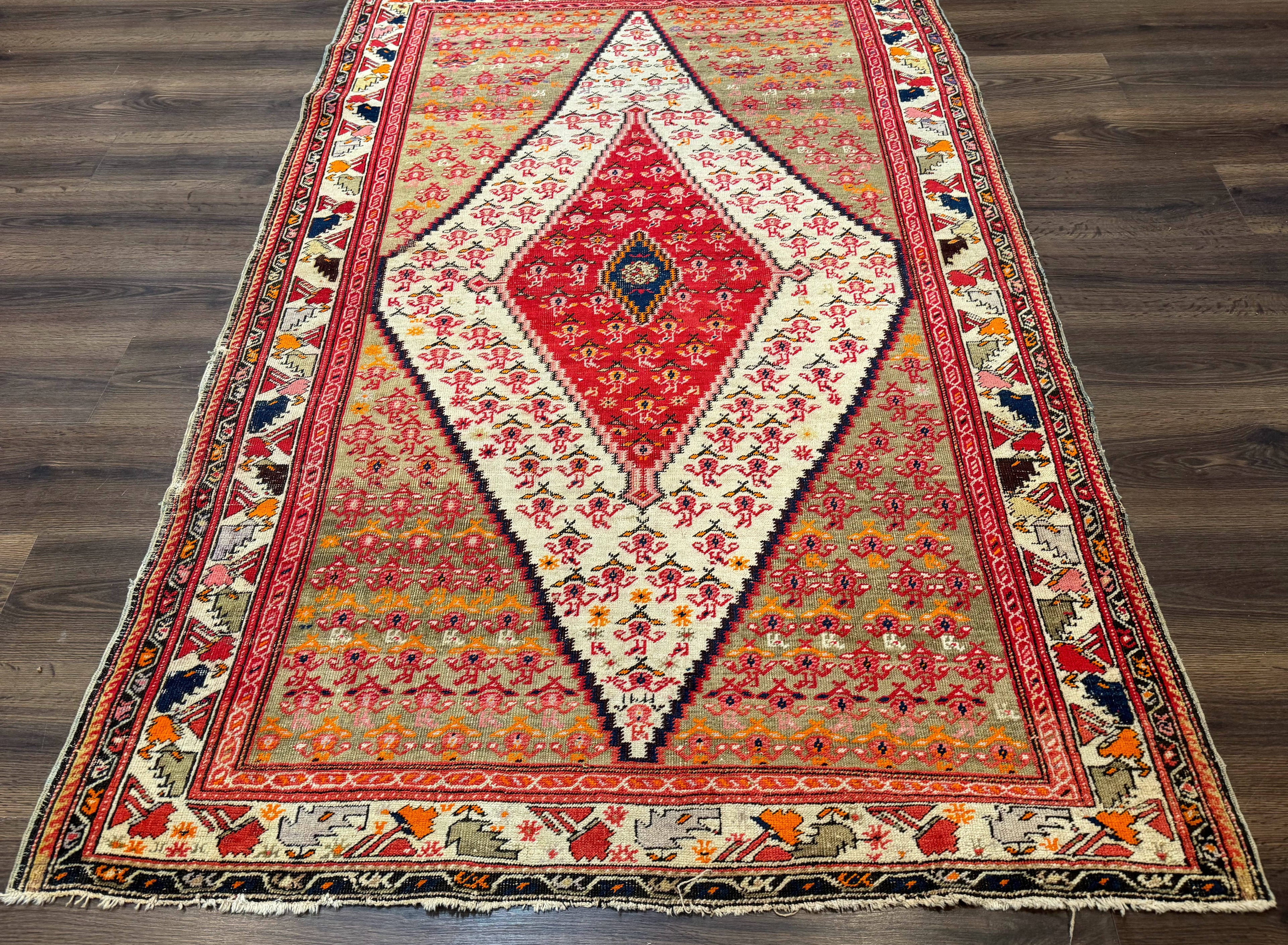 Antique Persian Malayer Rug 4x7, Tribal Senneh Carpet, Geometric, Diamond Design