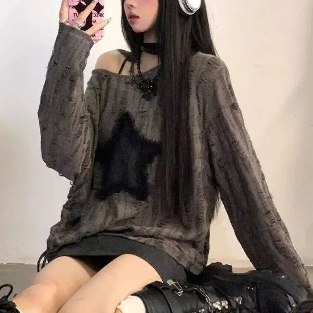 Grunge Star Print Distressed T-Shirt