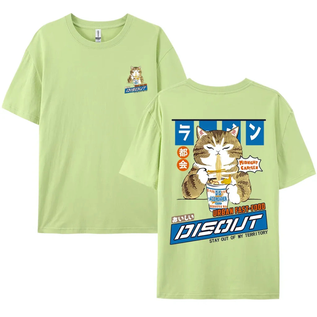 Harajuku Cat Eating Noodles Graphic Tee