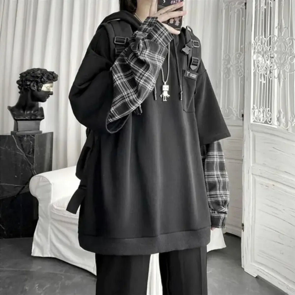 Harajuku Oversized Unisex Hoodie – Plaid Patchwork Grunge Style