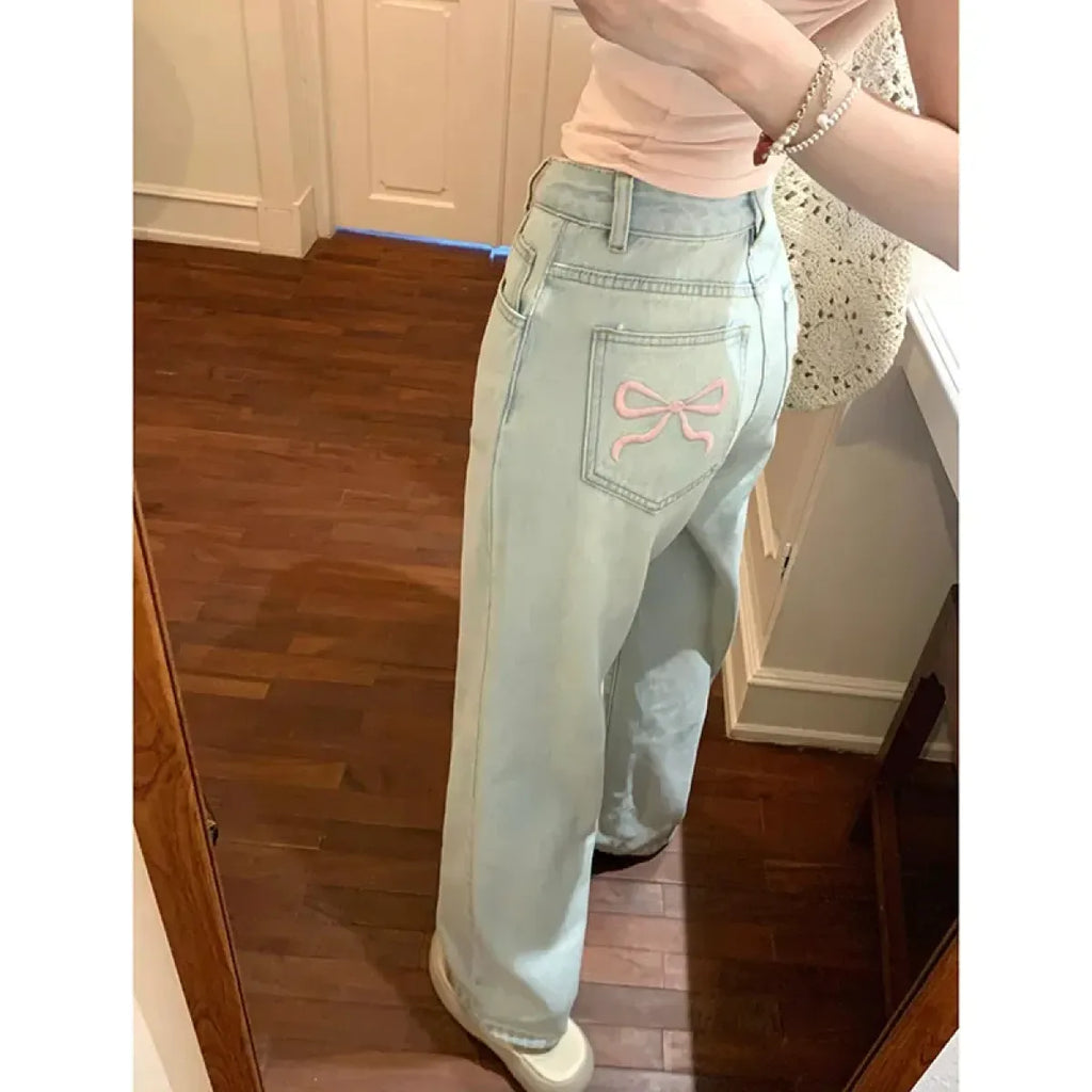 Wide Leg Jeans – High Waist Y2K Bow Embroidery
