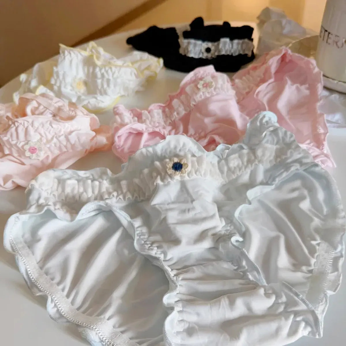 Sweet Girl Ruffle Lace Panties – Ice Silk Mid-Waist Cotton Briefs