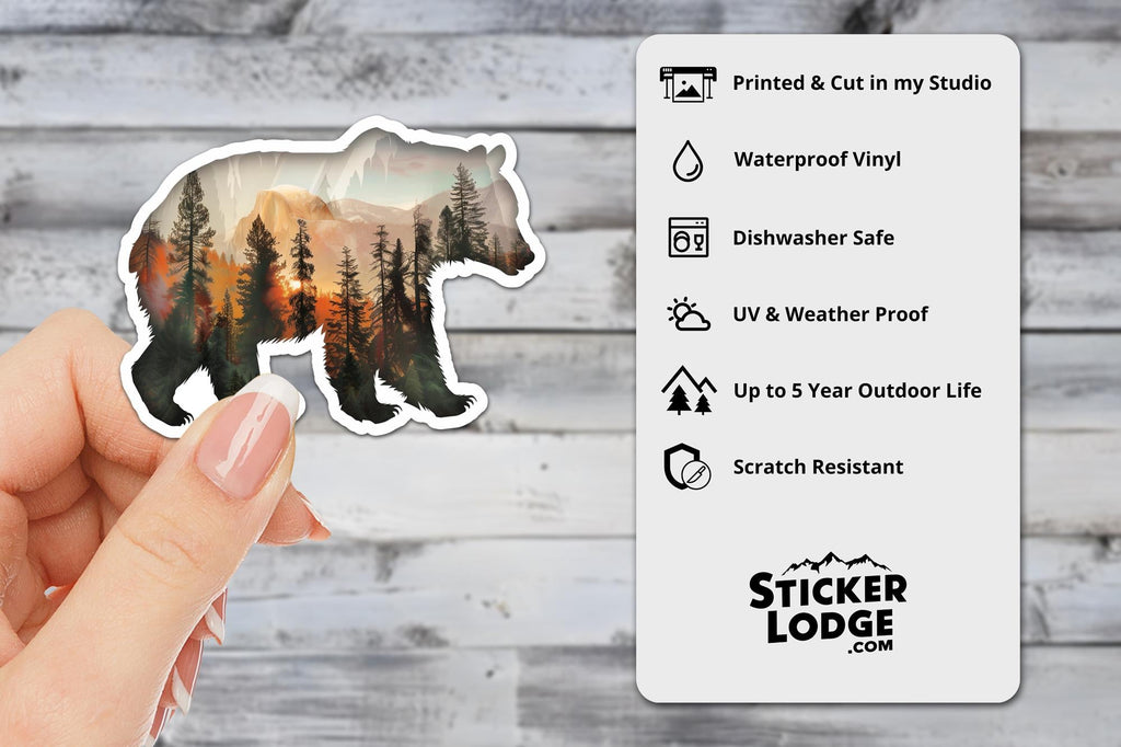 Bear and Forest Nature Silhouette Double Exposure Vinyl Sticker