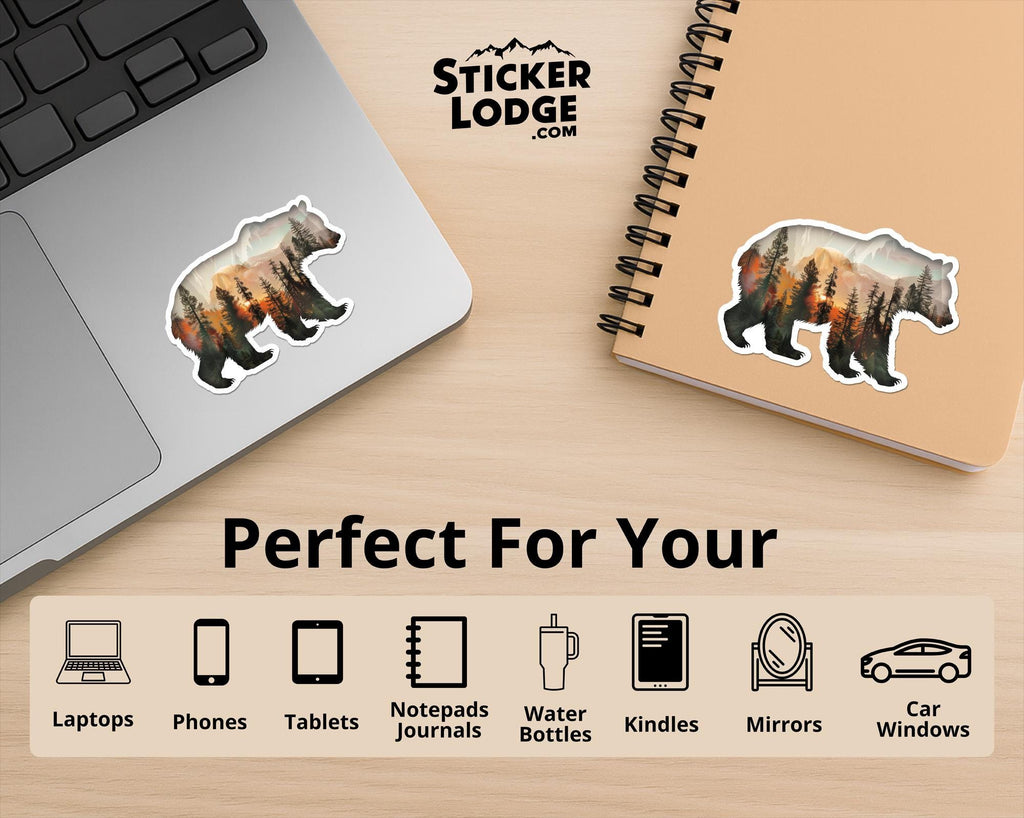 Bear and Forest Nature Silhouette Double Exposure Vinyl Sticker