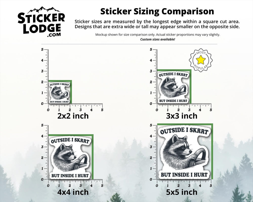Outside I Skrrt but Inside I Hurt Raccoon Vinyl Sticker