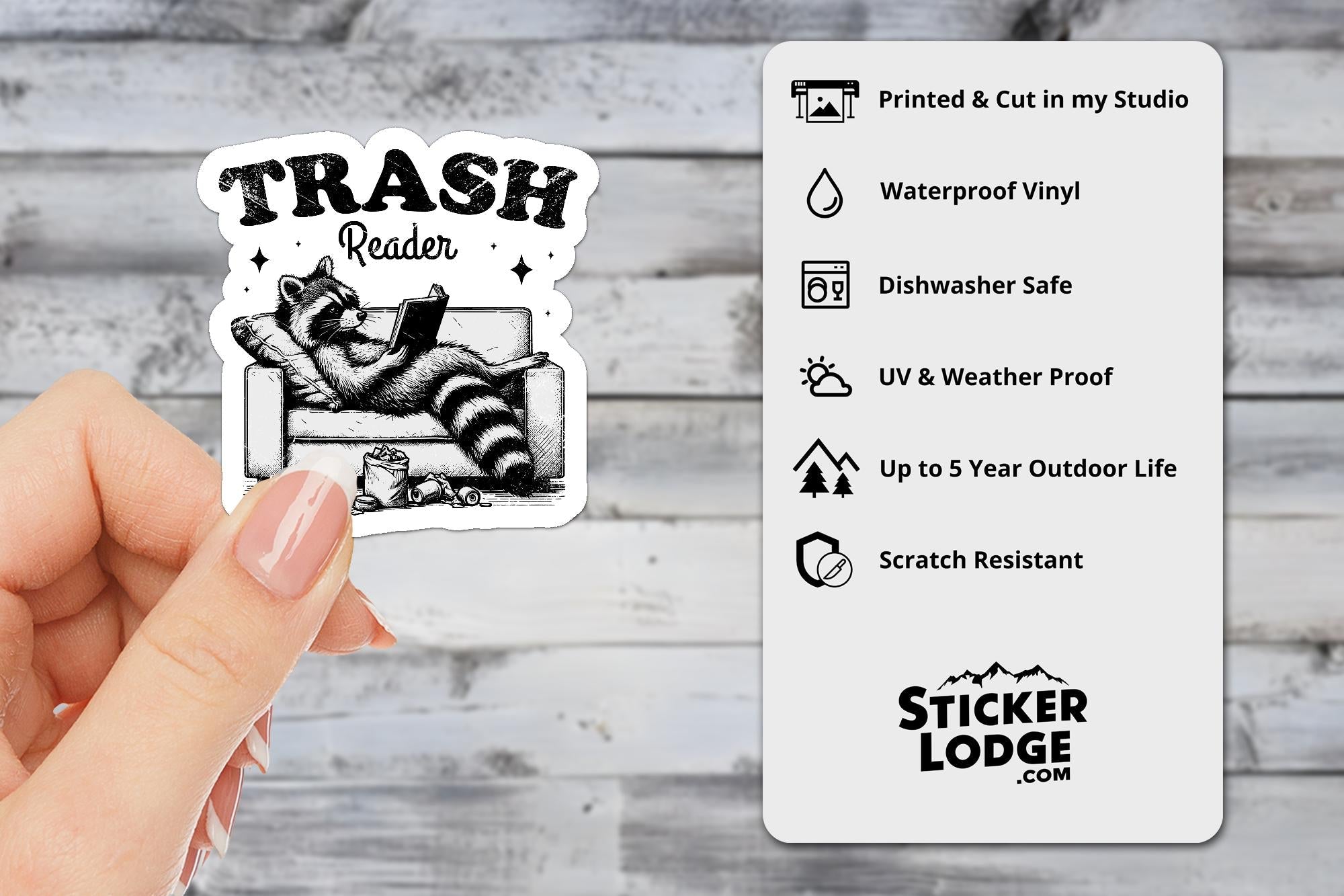 Trash Reader Raccoon Vinyl Sticker