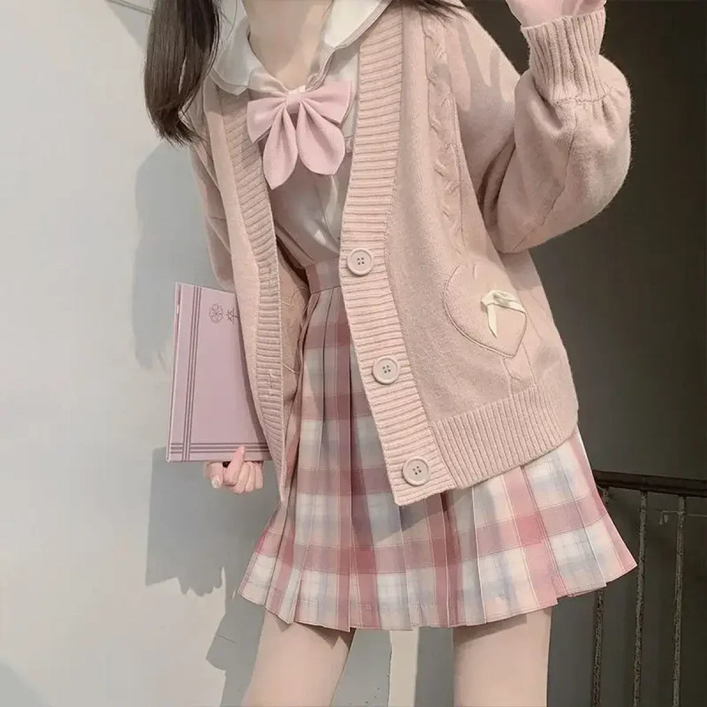 Kawaii Knitted Cardigan – Women's Heart Pocket Bow Sweater