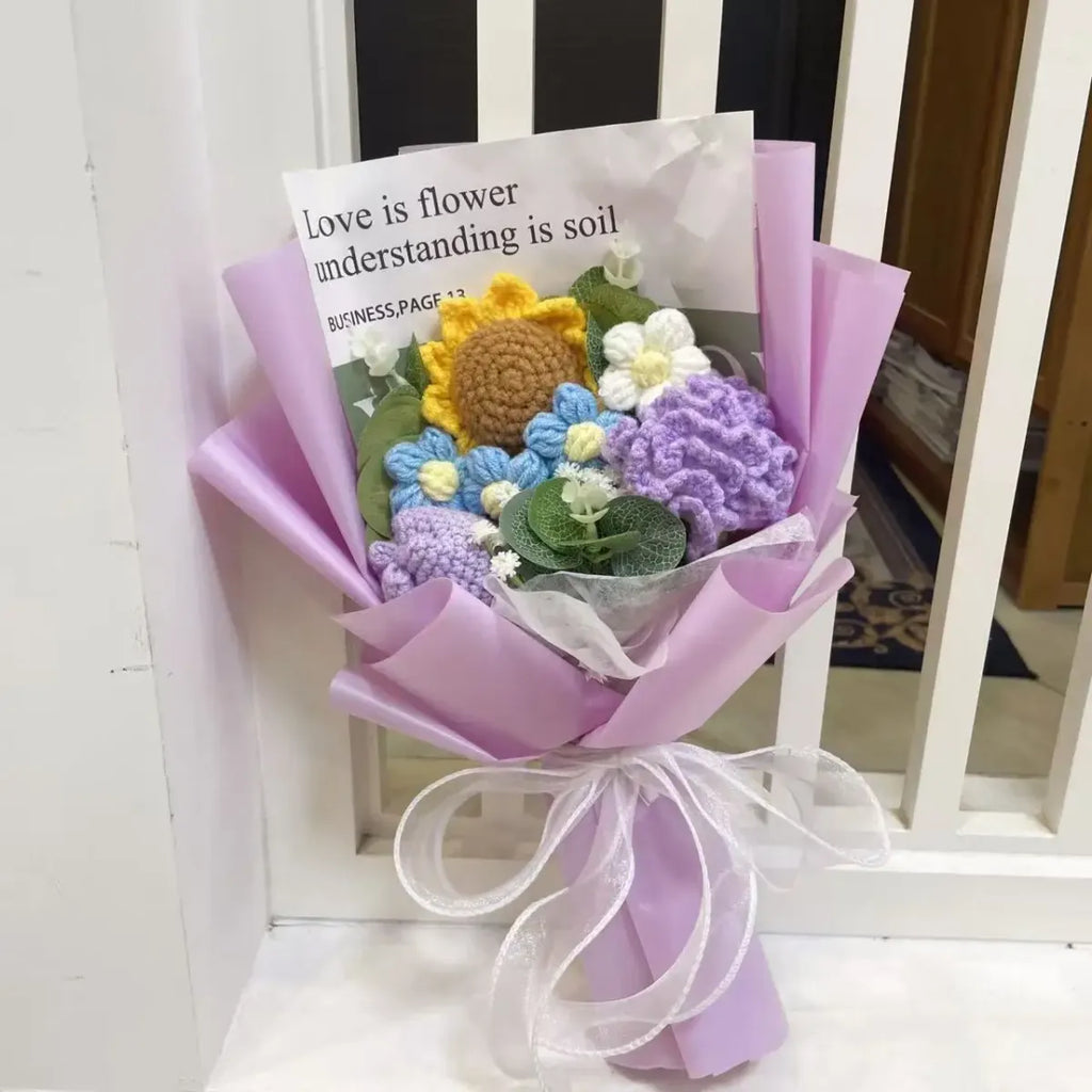 Kawaii Knitted Sunflower & Rose Bouquet – Crochet Gift for Birthday or Graduation