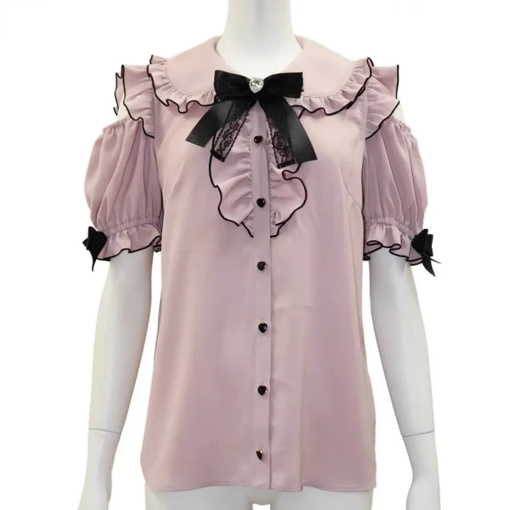 Sweet Lolita Ruffled Blouse - Bow Top, Kawaii Y2K Aesthetic
