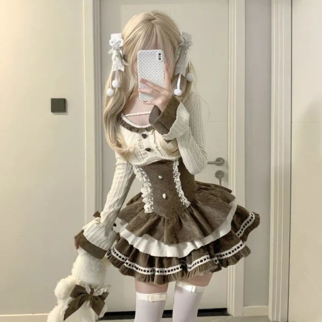 Lolita Two-Piece Set – High-Waist Lace Mini Dress