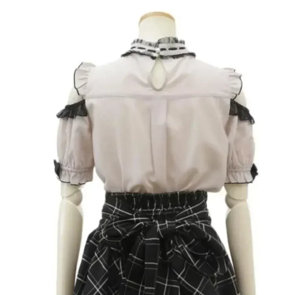 Kawaii Lace Patchwork Blouse – Y2K Off Shoulder Bow JK Shirt