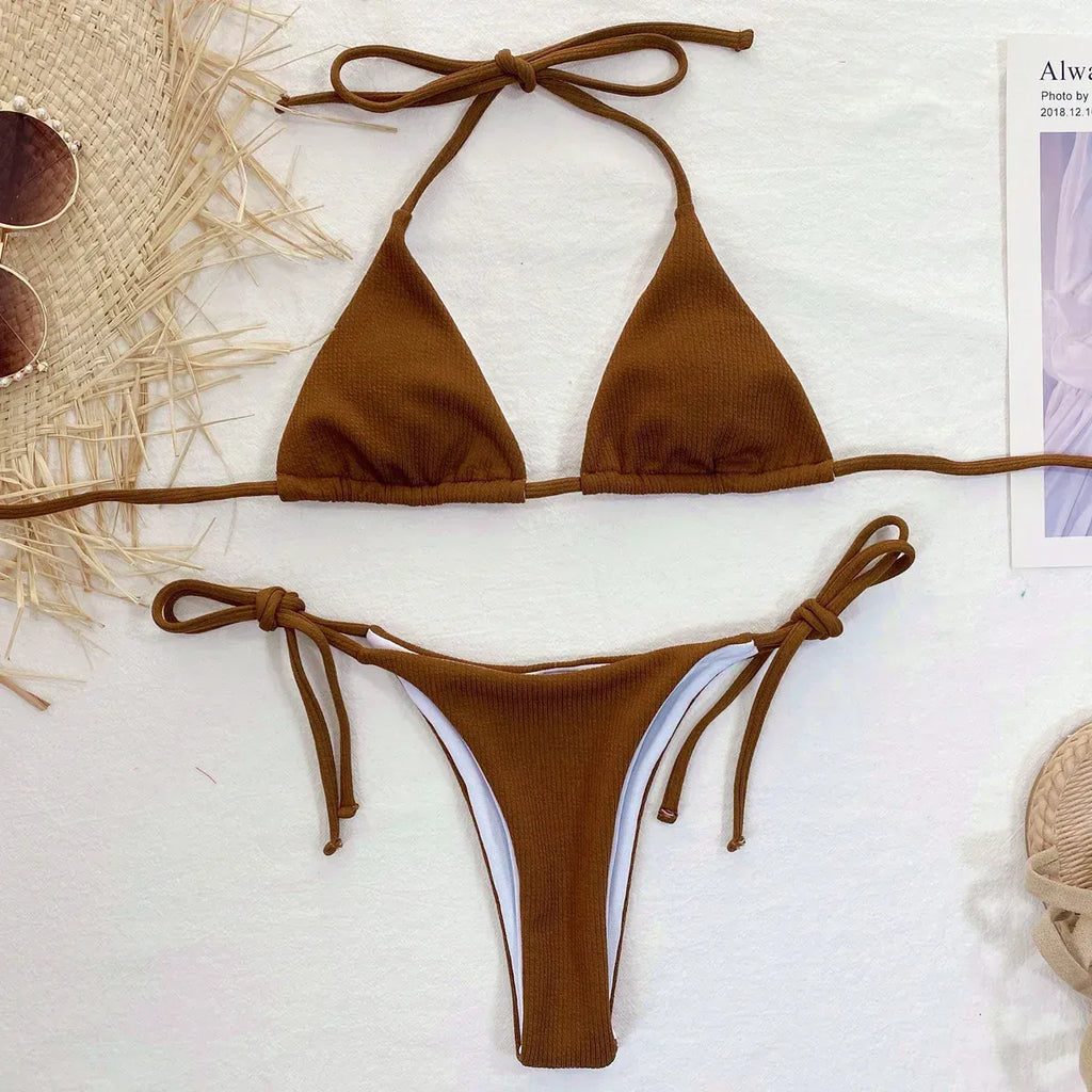 Ribbed String Bikini Set – Kawaii Halter Tie Beach Swimwear