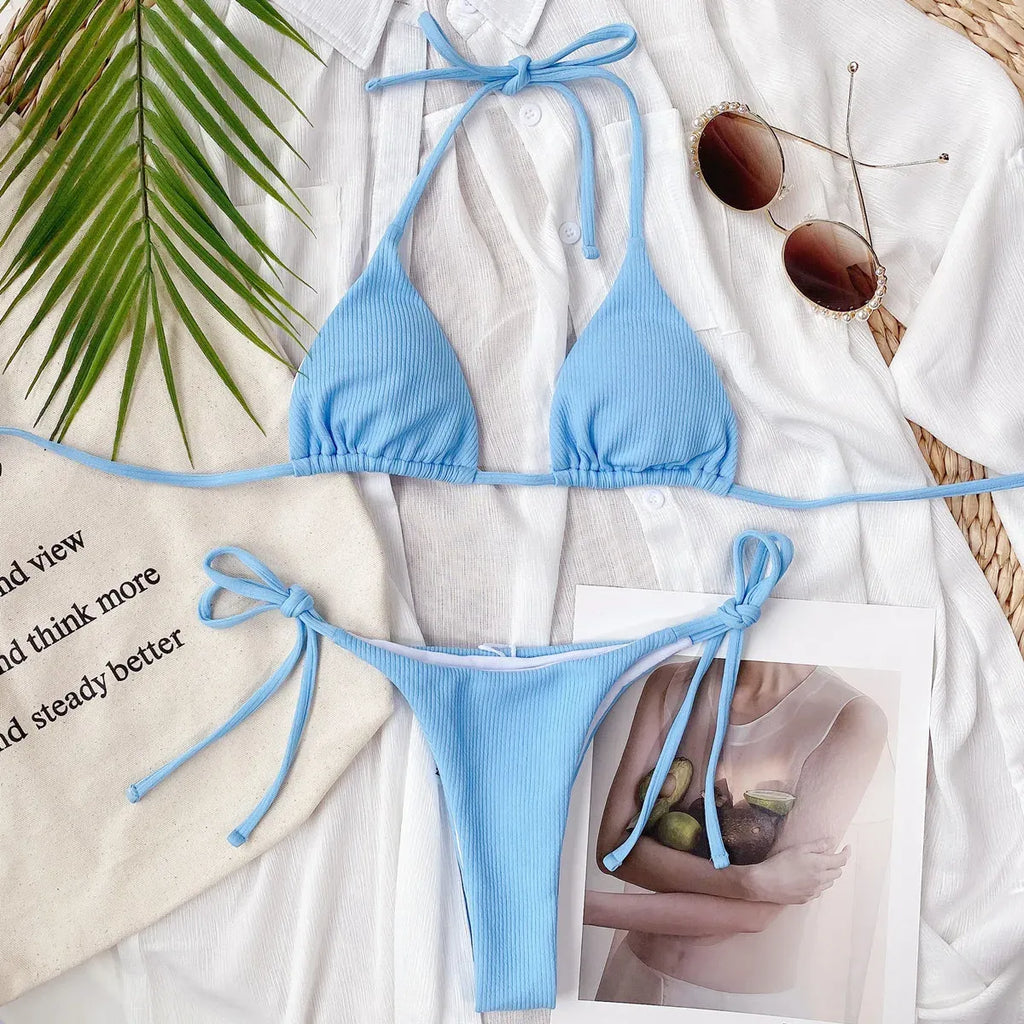 Ribbed String Bikini Set – Kawaii Halter Tie Beach Swimwear