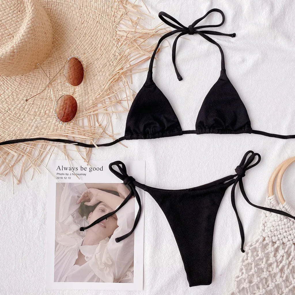 Ribbed String Bikini Set – Kawaii Halter Tie Beach Swimwear
