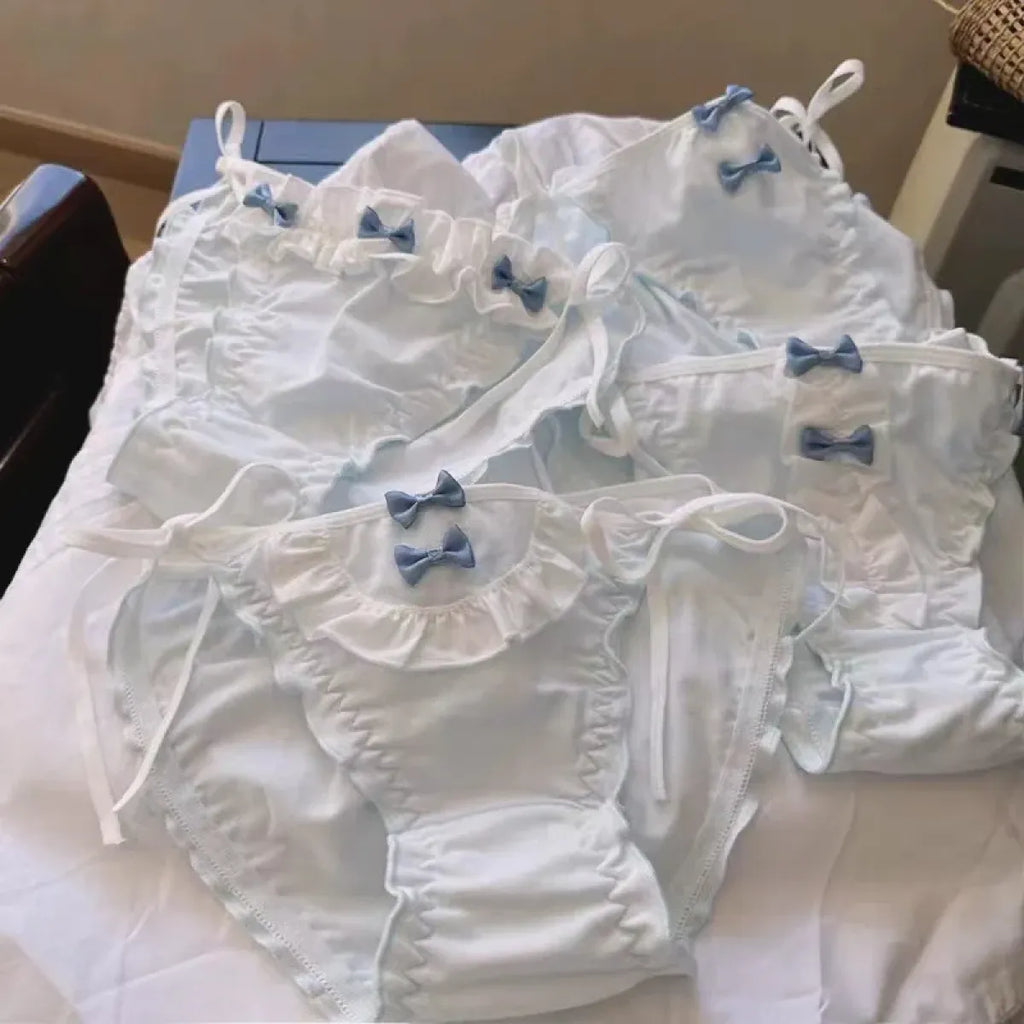 Lolita Blue Bow Ruffle Panties – Kawaii Soft Cotton Lingerie