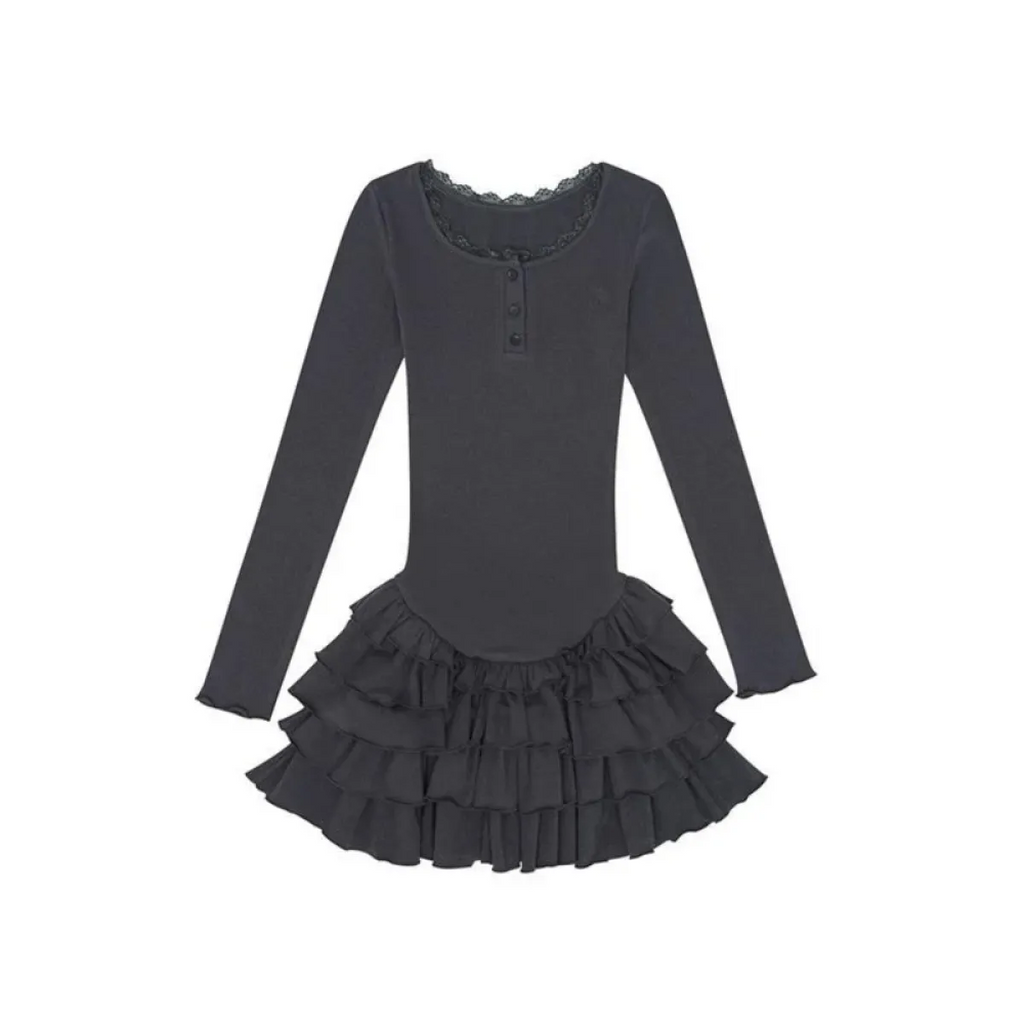 Ruffle Hem Mini Dress – Slim Fit Y2K Long Sleeve Design