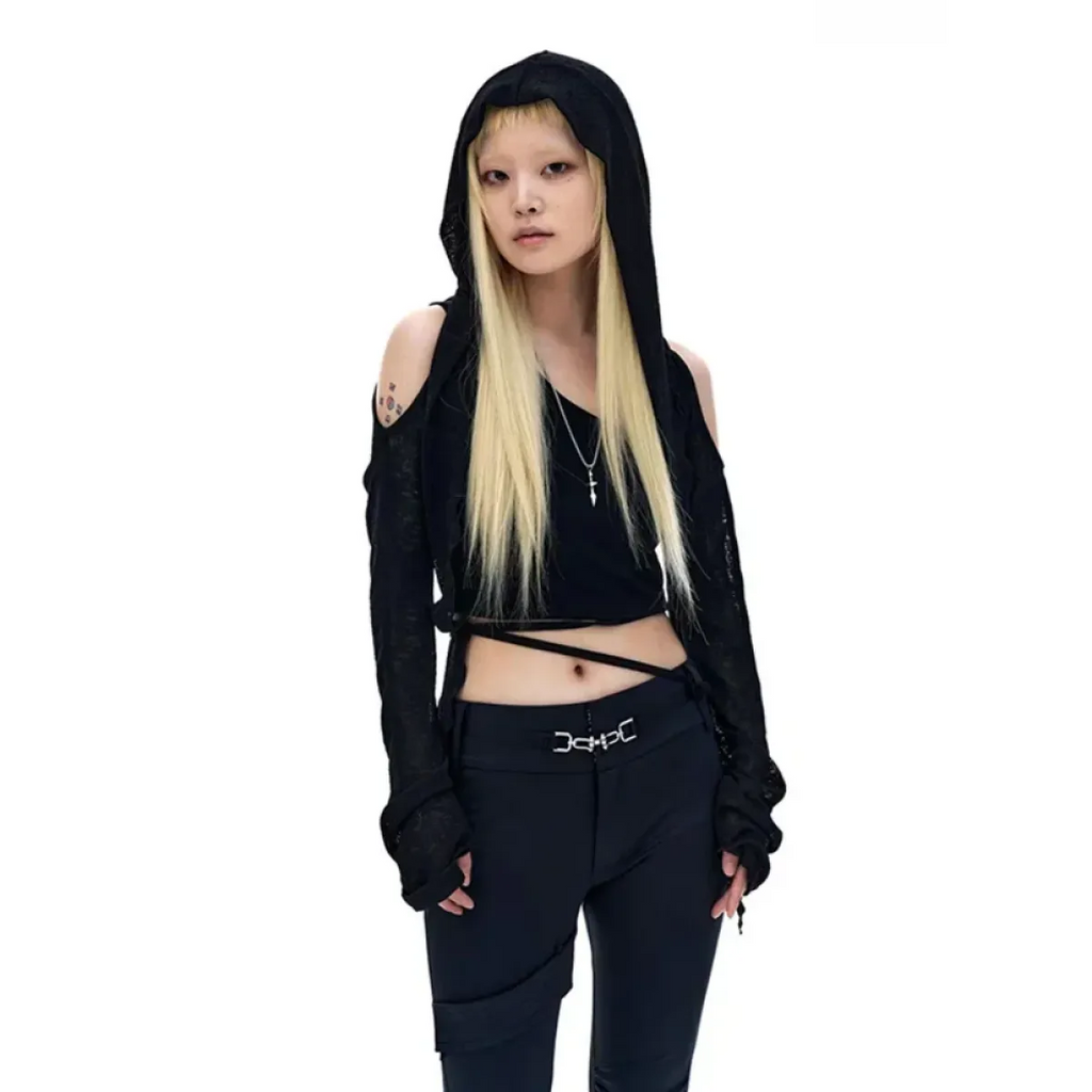 Modern Mystic Hooded Top – Edgy Cutout Sleeves Pullover