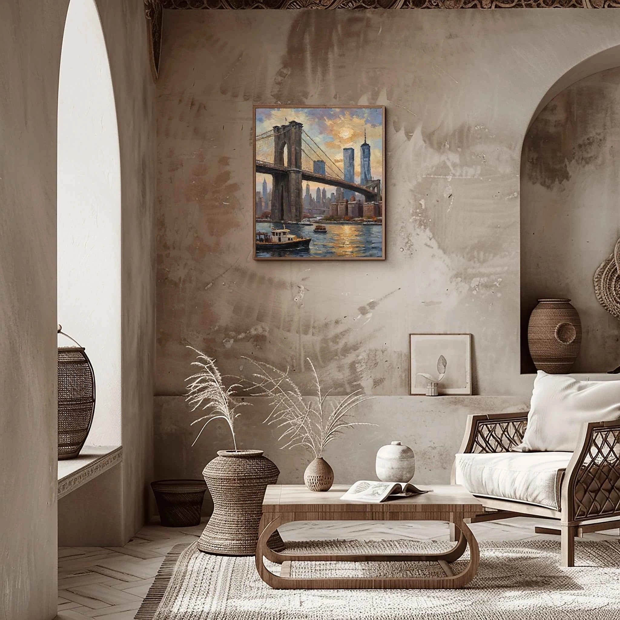 Brooklyn Twilight: Iconic NYC Bridge & Skyline Oil Painting Canvas Art