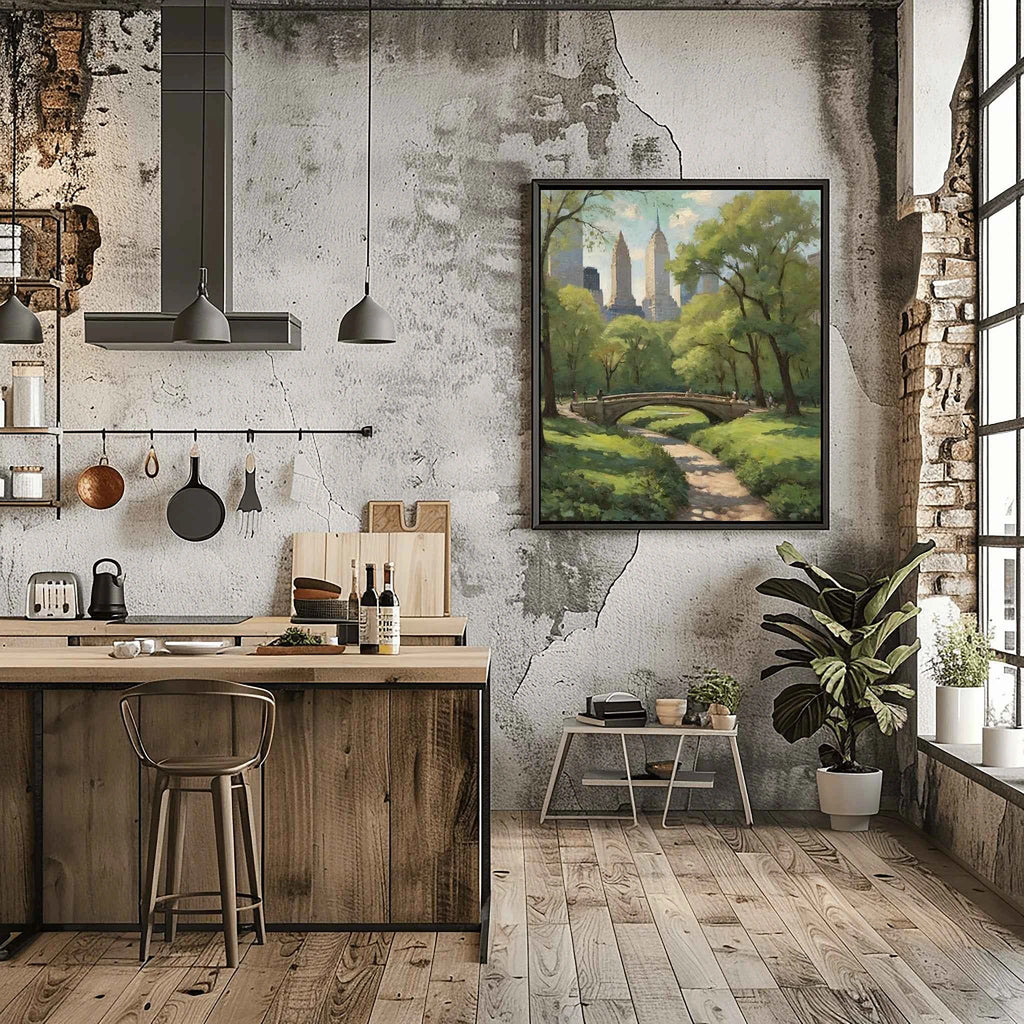 Central Park Serenity: Iconic Stone Bridge & Manhattan Skyline Oil Painting