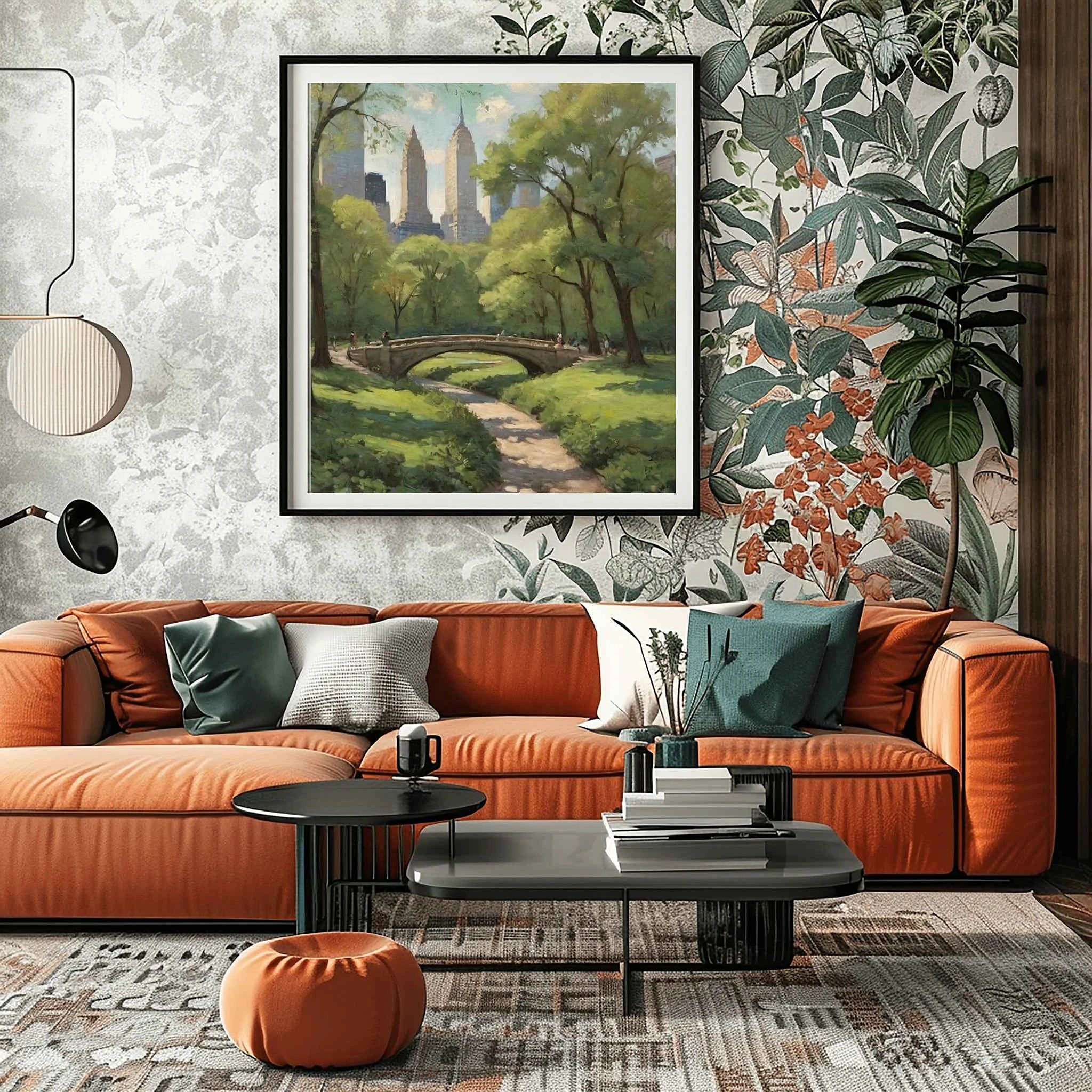 Central Park Serenity: Iconic Stone Bridge & Manhattan Skyline Oil Painting