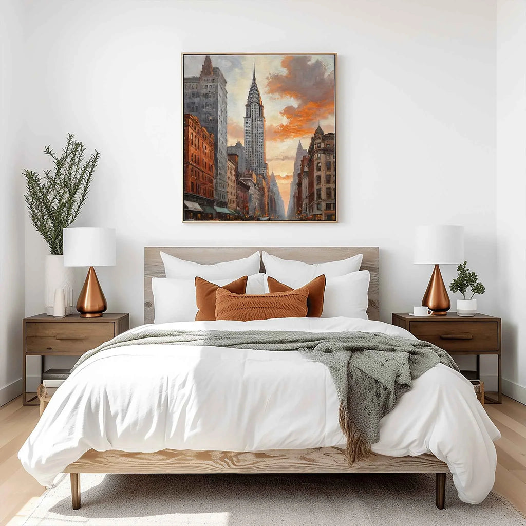 Golden Chrysler: Sunset Manhattan Skyline & Art Deco Architecture Oil Painting