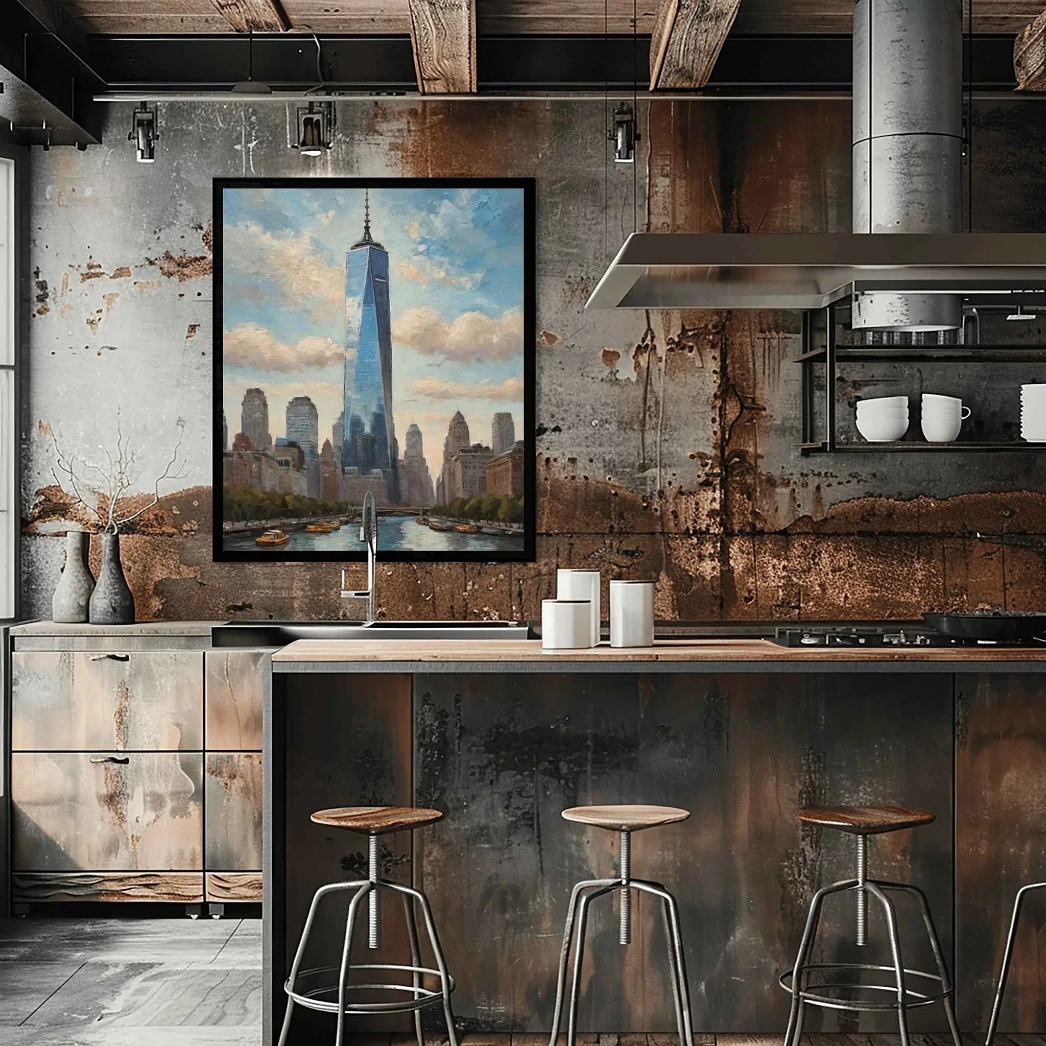 One World Skyline: Modern NYC Architecture & Hudson River Oil Painting
