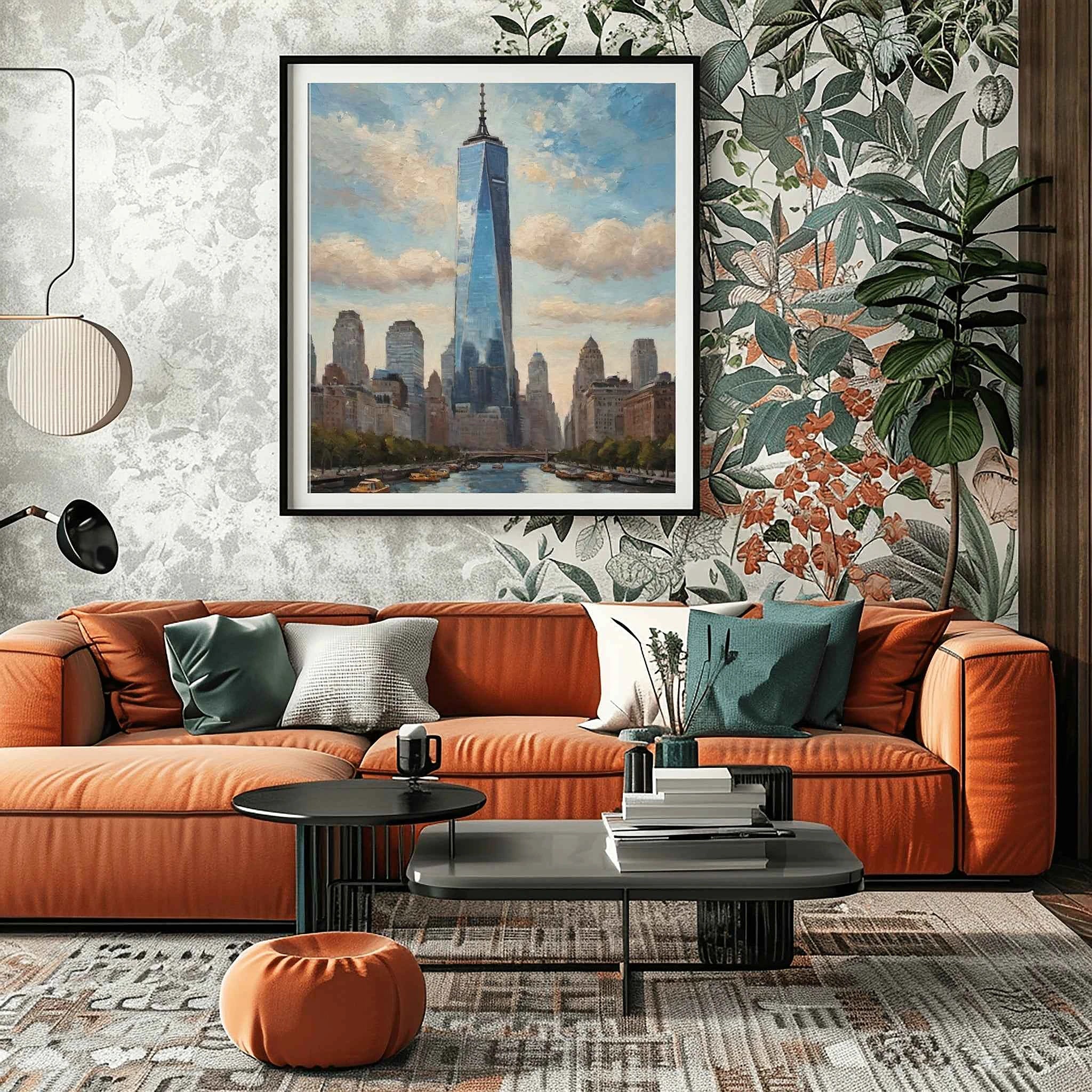 One World Skyline: Modern NYC Architecture & Hudson River Oil Painting