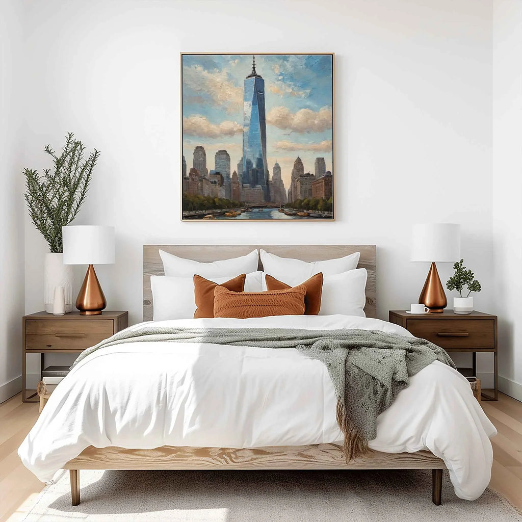 One World Skyline: Modern NYC Architecture & Hudson River Oil Painting