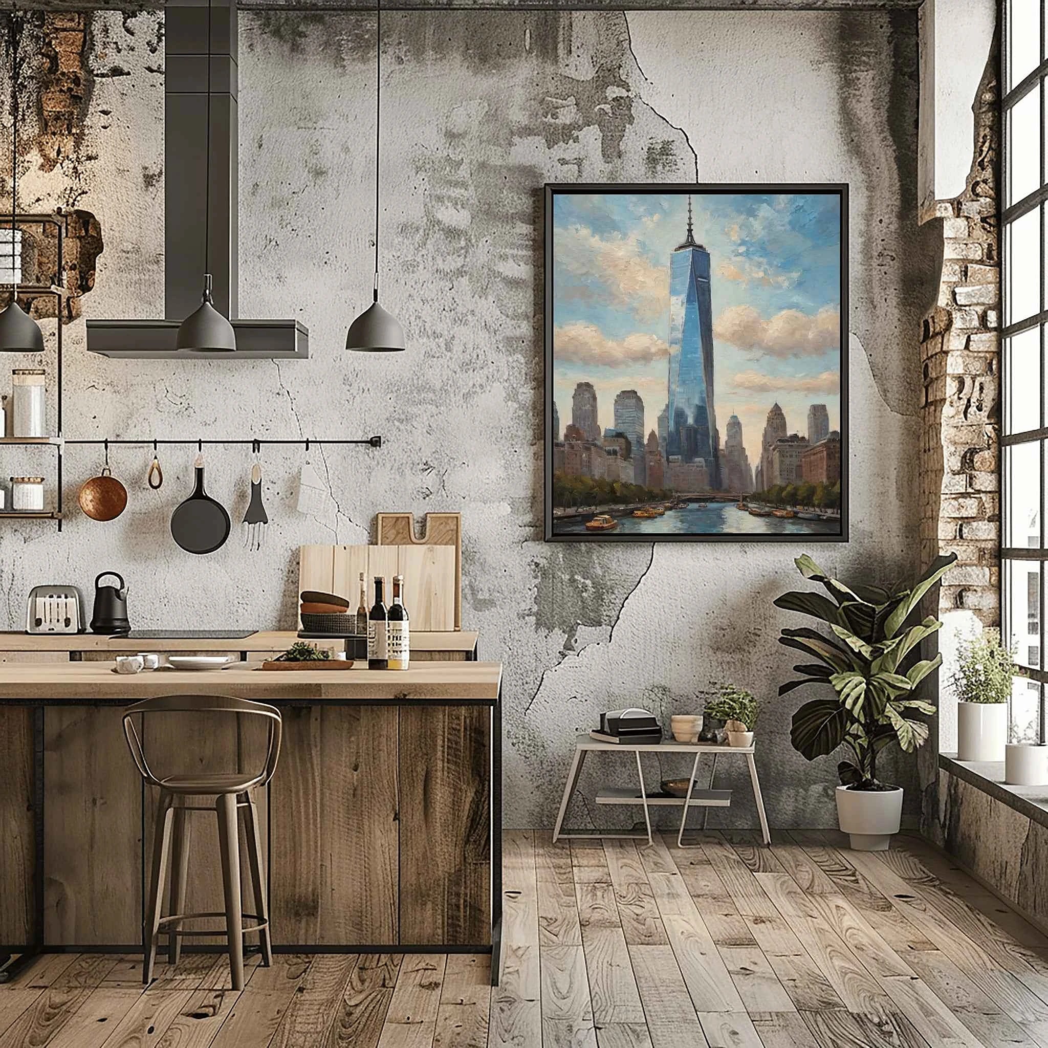One World Skyline: Modern NYC Architecture & Hudson River Oil Painting