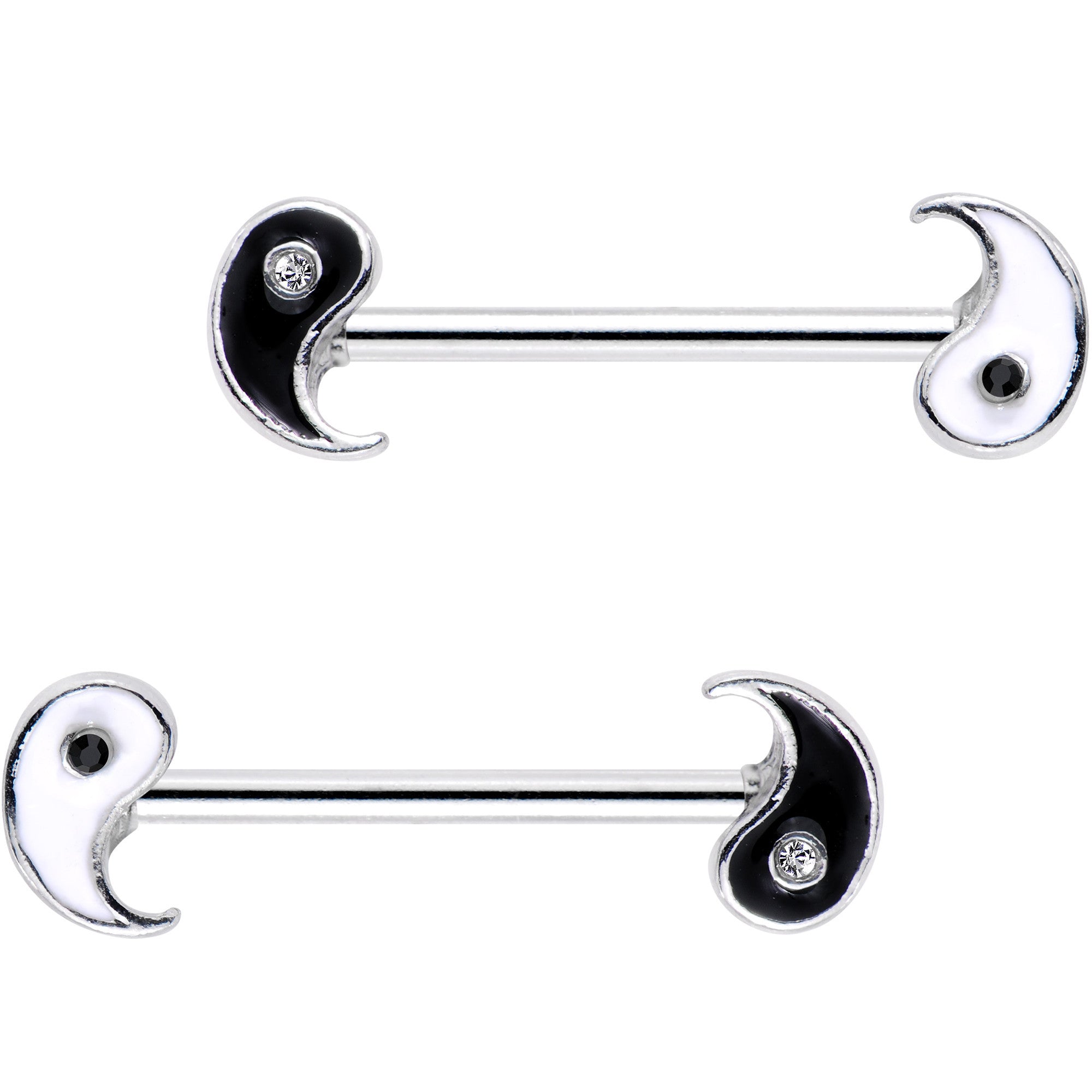 14G 18mm Clear Black Gem Yin Yang Barbell Nipple Ring Set