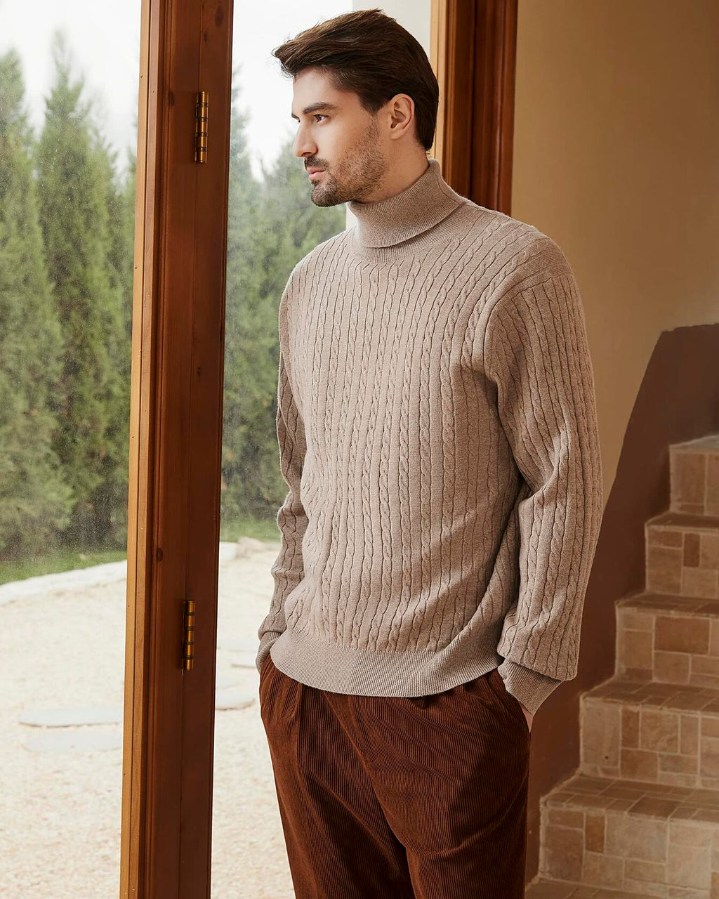 Kallspin Men's Wool Blend Cable-Knit Turtle Neck Sweater Coffee Size L