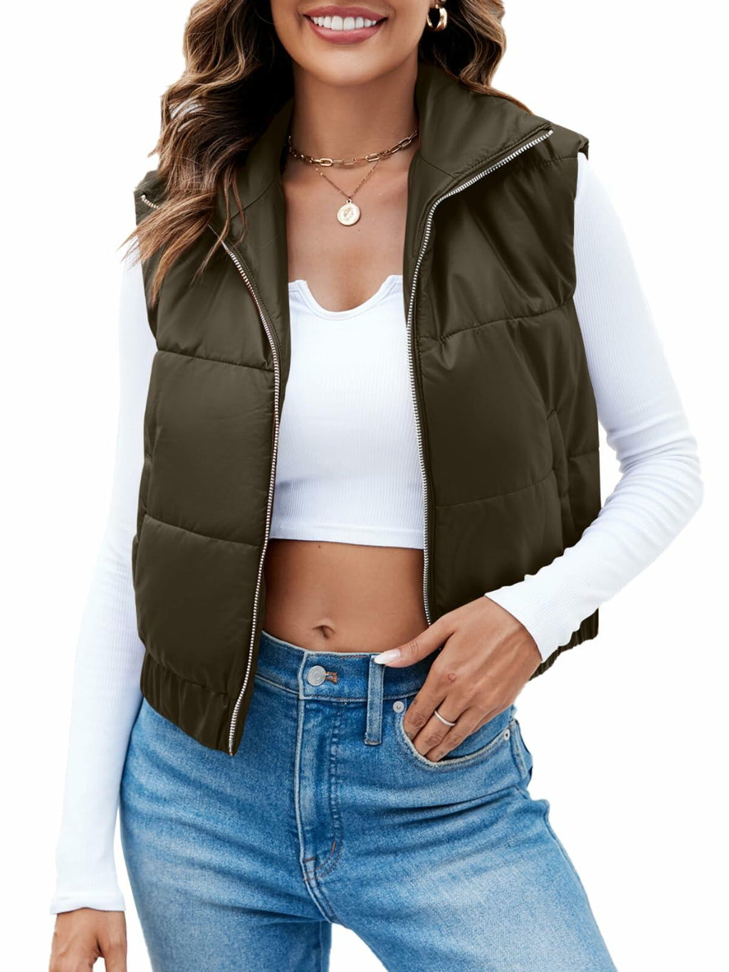 Fisoew Womens Faux Leather Puffer Vest Sleeveless Zip Up Black - Size S