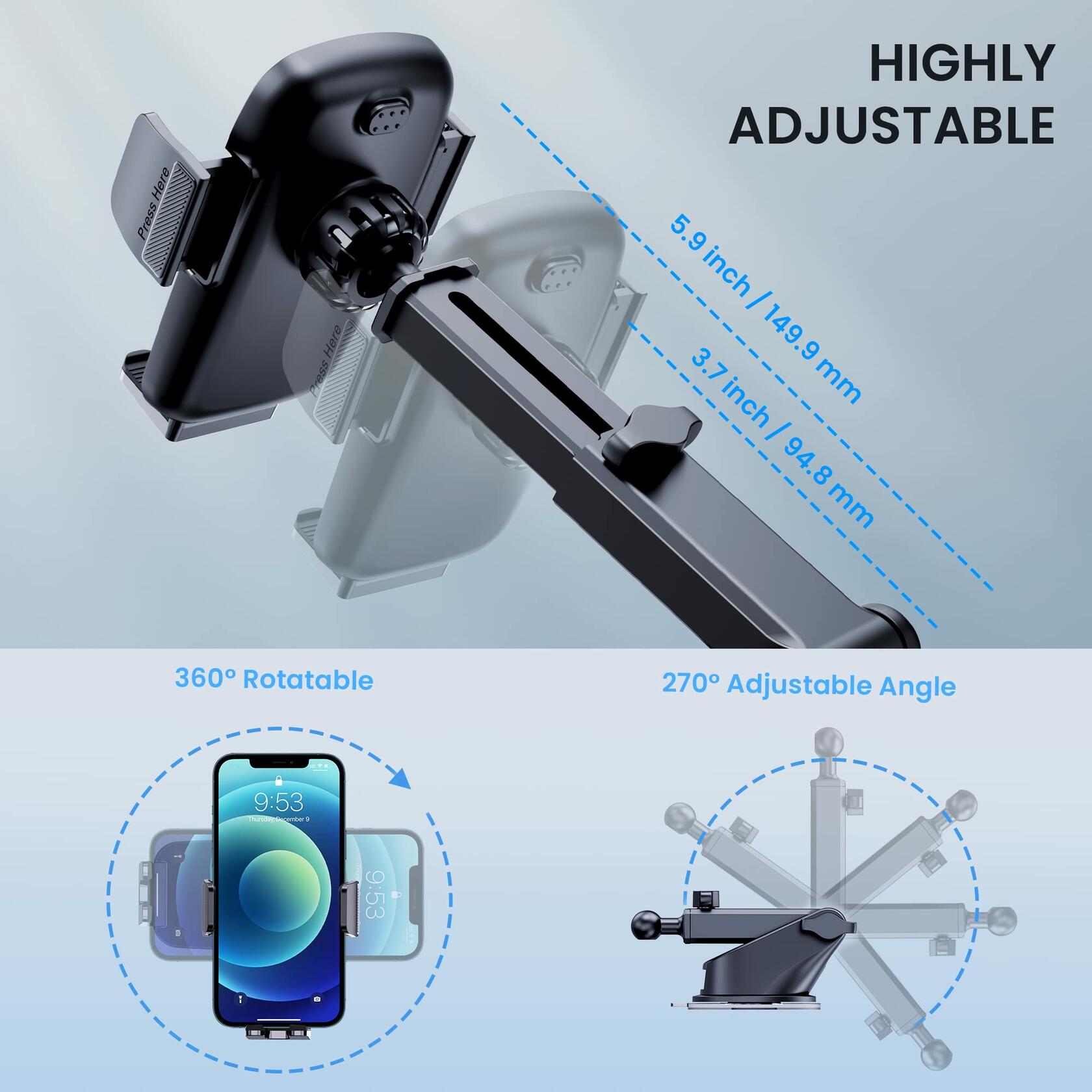 CINDRO Car Phone Holder Mount Military-Grade Suction Universal Black