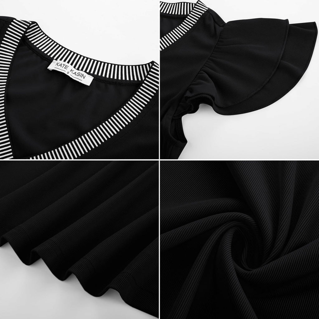 Womens Ruffle Sleeve V Neck Fitted Blouse Top Black Size 2XL
