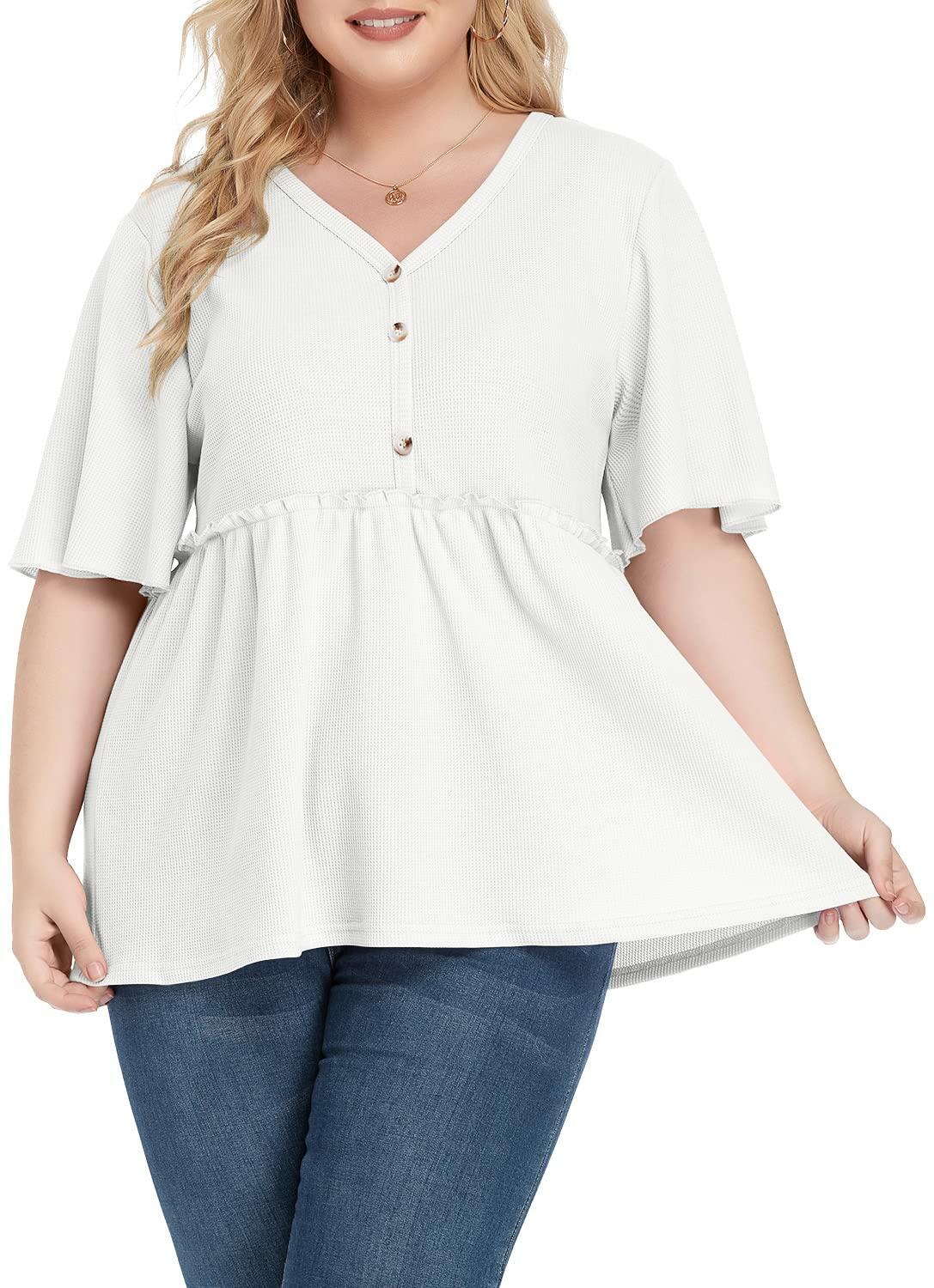 POSESHE Women's Plus Size V Neck Ruffle Button Up Blouse White Size L
