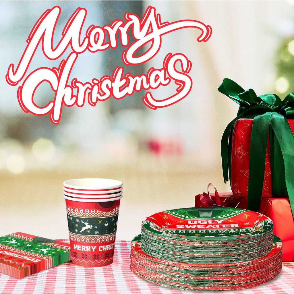 Yaomiao 180 Pcs Xmas Ugly Sweater Party Supplies Set Vintage Plates Cups Napkins