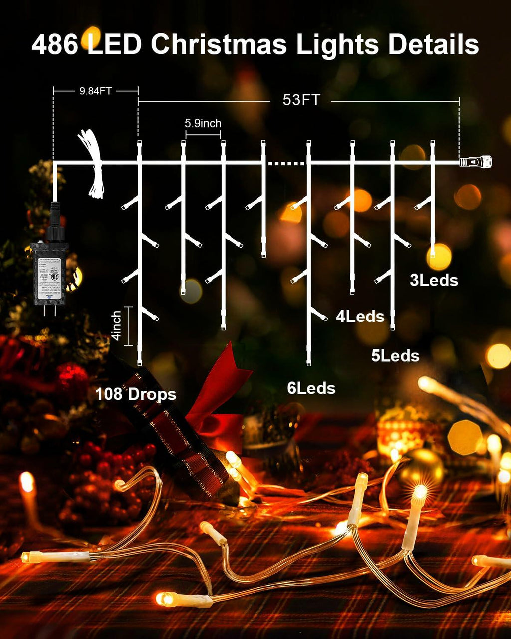 [Like New] JIXXULVU 2 Pack 53FT 486 LED Outdoor Waterproof Timer 8 Modes Warm White