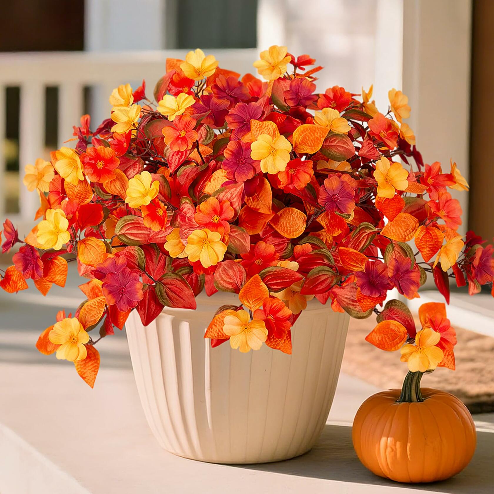 INXUGAO Artificial Fall Flowers 2PCS Faux Silk Orange Red Yellow UV Resistant