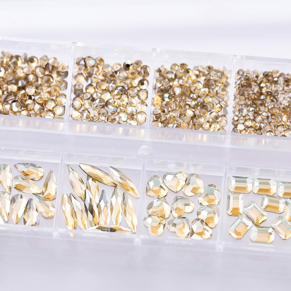 Nail Rhinestones Champagne Gold 1130pcs Flat Back 12 Grids DIY Craft