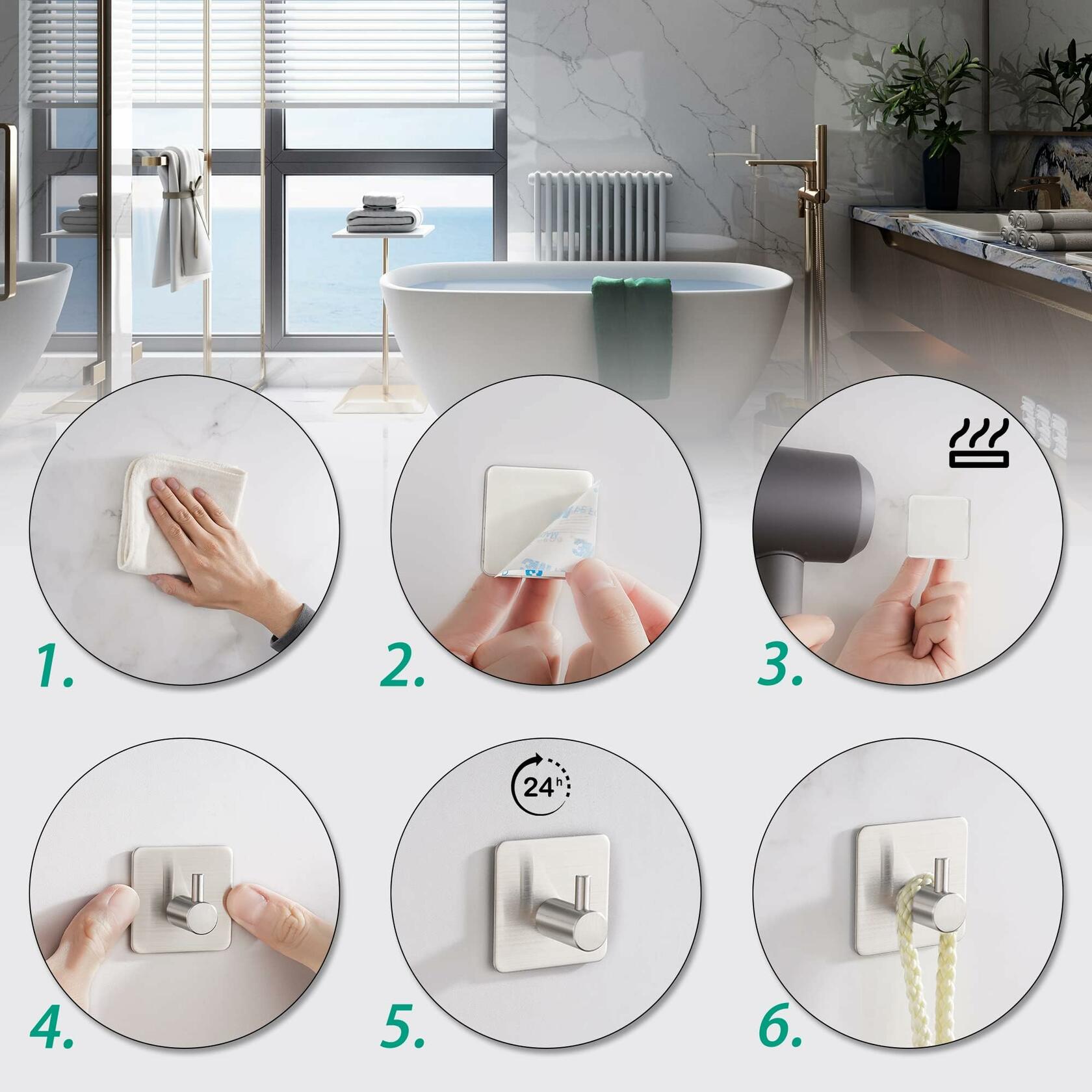 Eowihor 6 Pack Silver Stainless Steel Wall Hooks Heavy Duty Waterproof