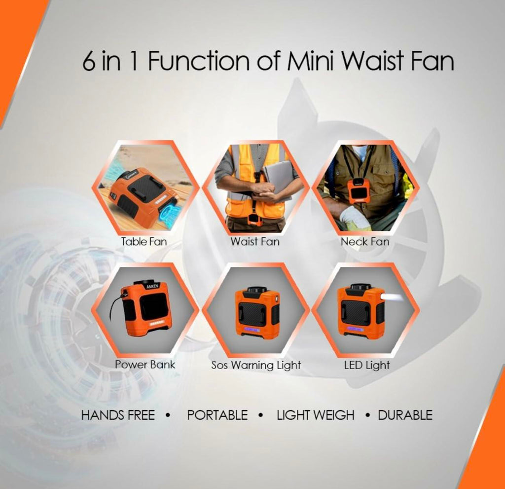 Generic AMKEN Waist Fan Clip-On Portable Cooling Fan 10000mAh LED Orange/Black