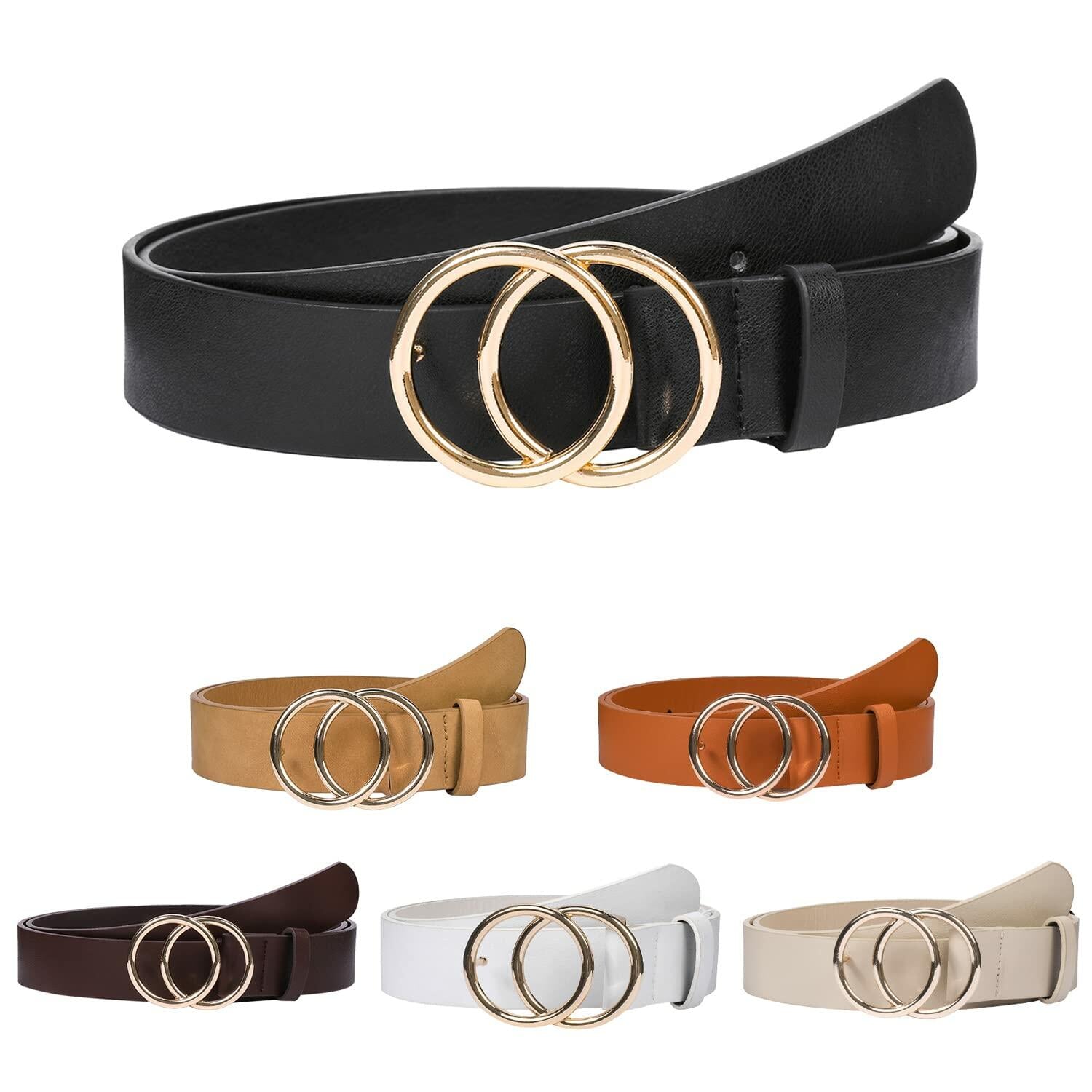 NBLYOS Women Faux Leather Belt Gold Buckle Khaki Size XXL