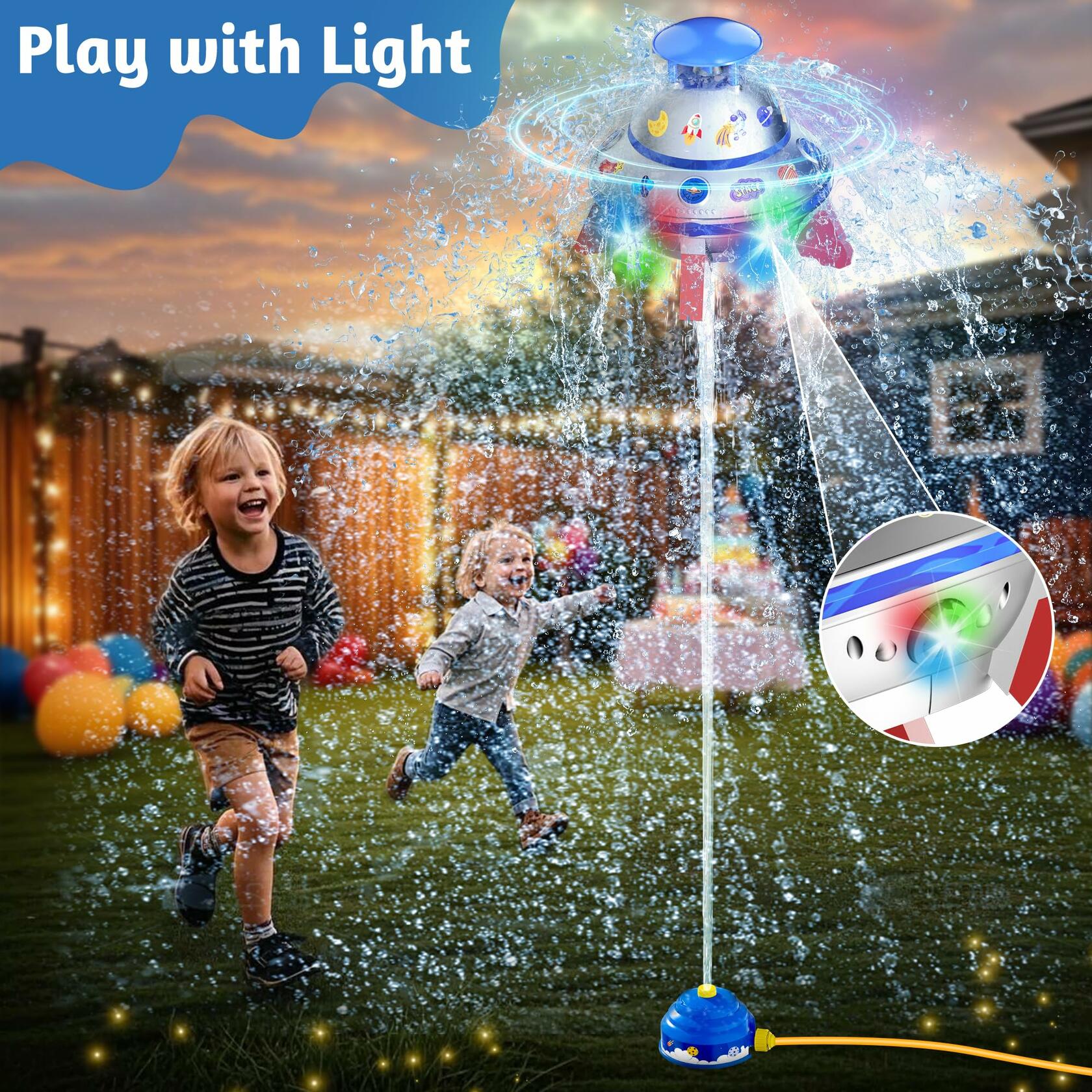 COCASES UFO Water Sprinkler Toy w/ Light Outdoor Summer Fun for Kids