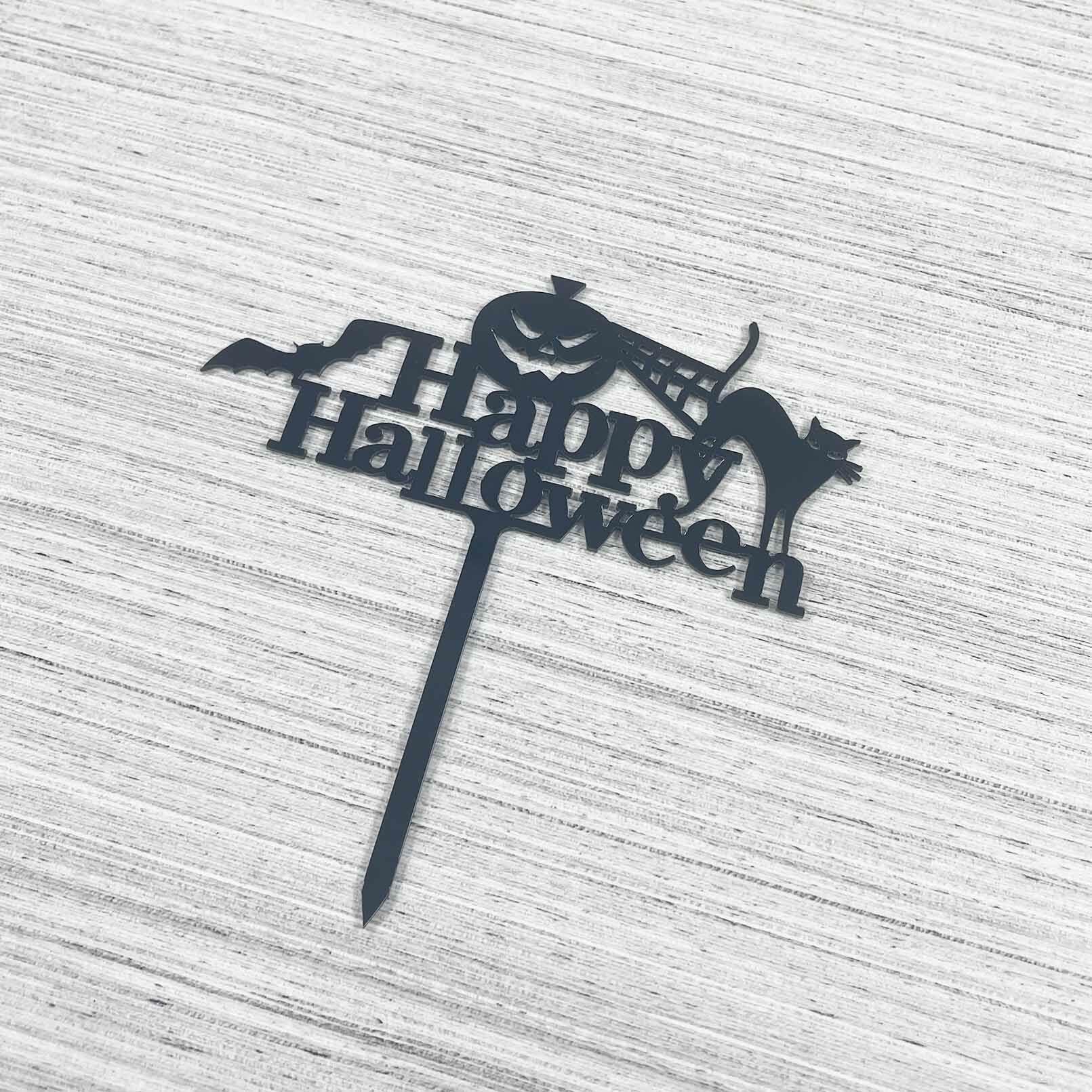 JIEEIN Happy Halloween Cake Topper Black Acrylic 1 Piece Party Décor