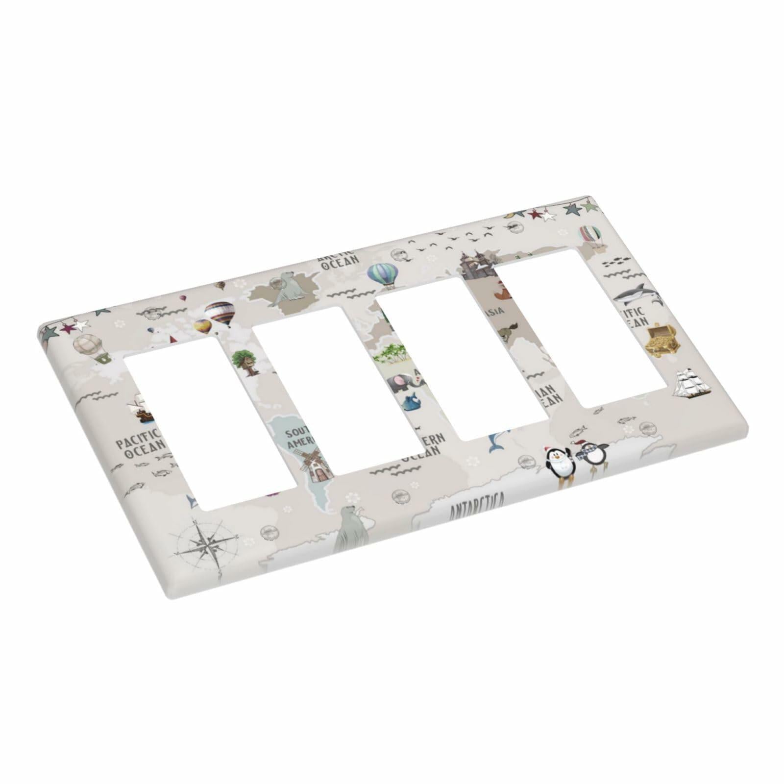 Wpshijia 4 Gang Light Switch Cover Beige Animal World Map Wall Plate