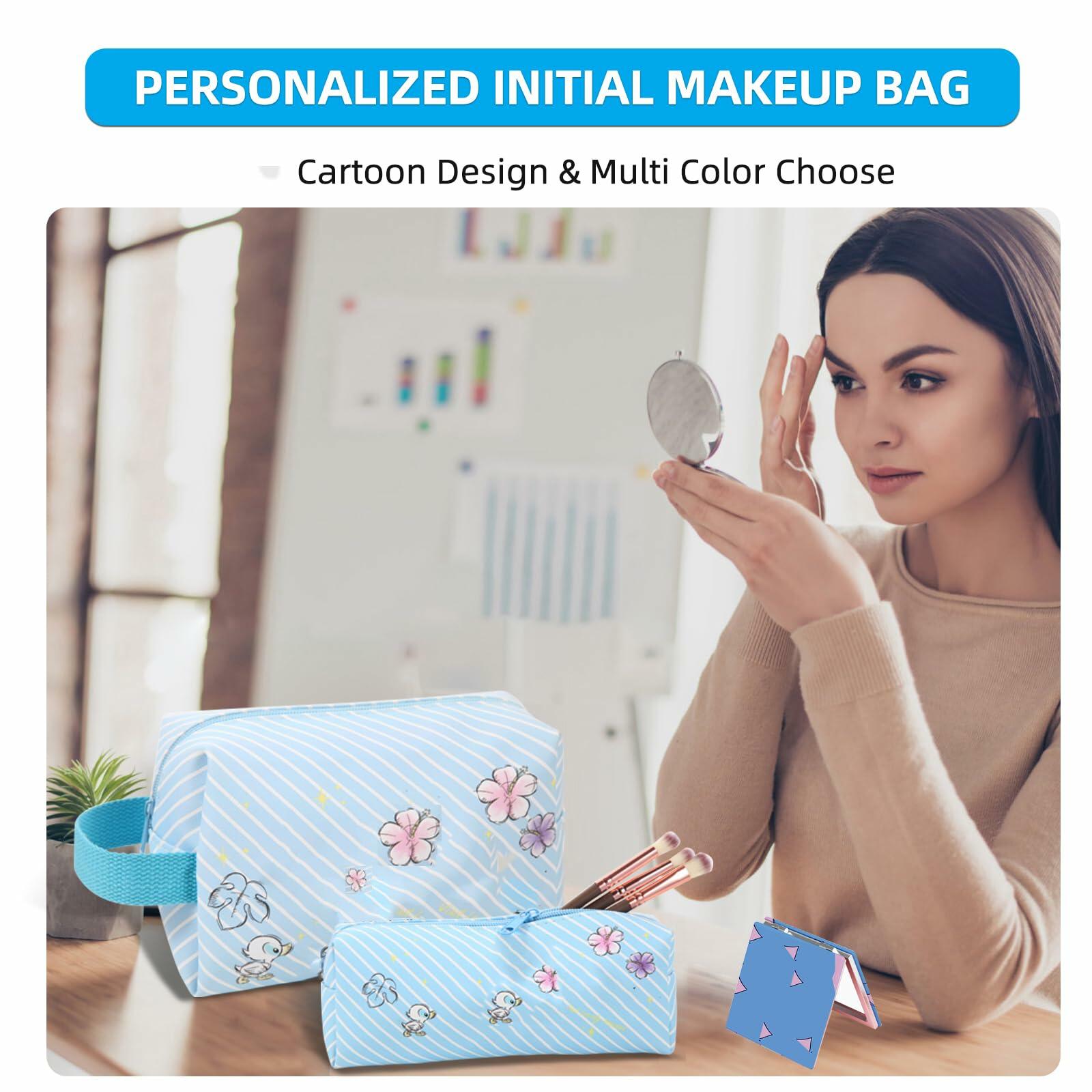 LOYEJEGL Travel Cosmetic Bag with Double Sided Mirror & Brush Bag Blue