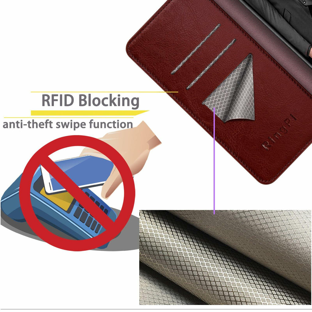 RingPi Moto G 5G 2024 Leather RFID Wallet Case Brown 3 Card Slots