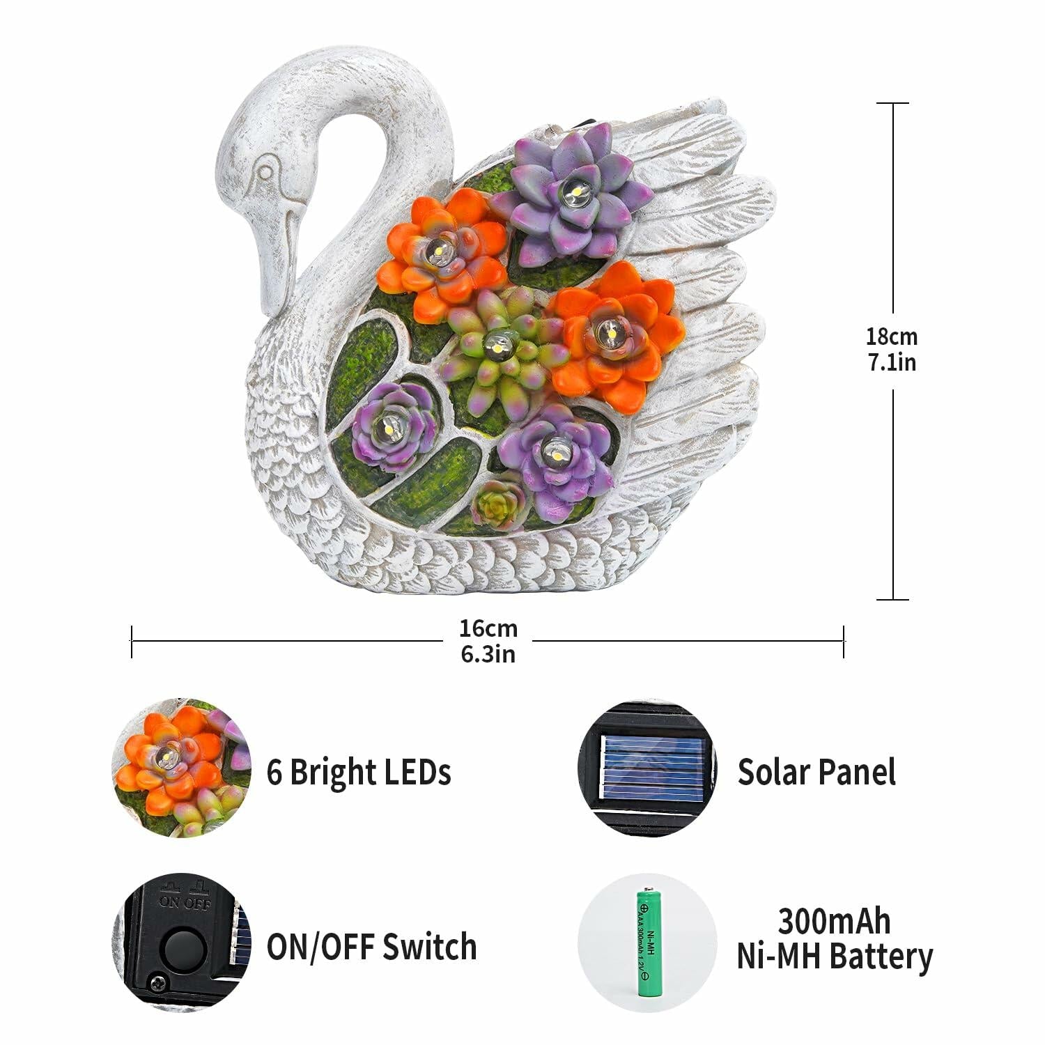 ENOU Solar Garden Swan Statue Outdoor Patio Yard Decor White Metal