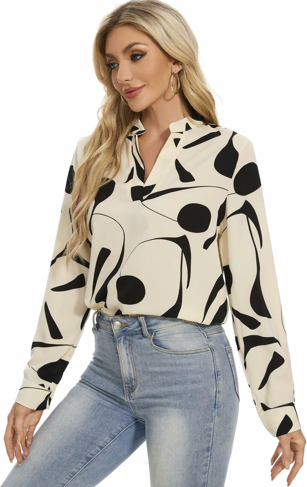 VIPONES Women V Neck Long Puff Sleeve Floral Blouse 530-floral White XL